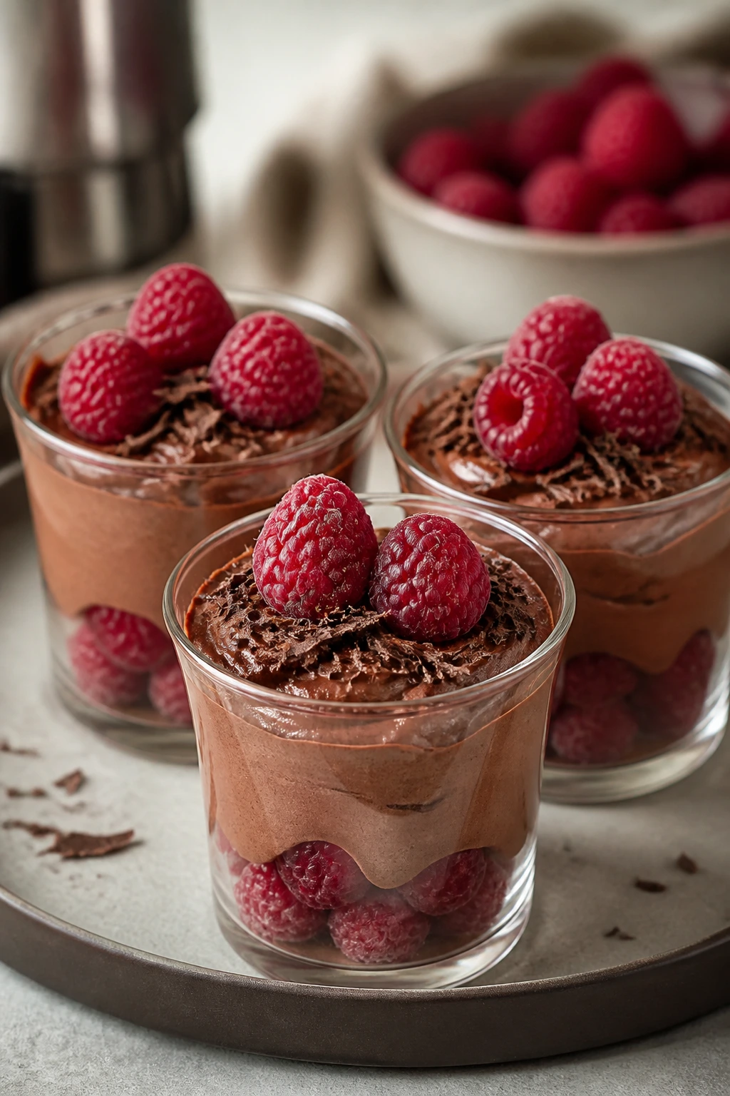 Three chocolate mousse cups with raspberries on a plate