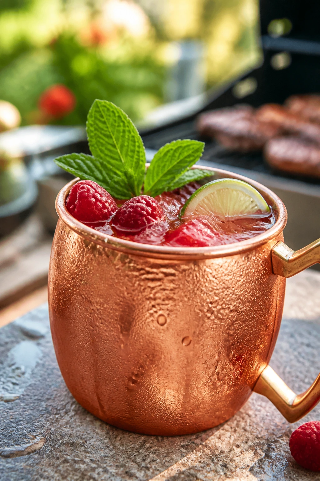 Copper mug filled with raspberry mule on a sunny outdoor patio