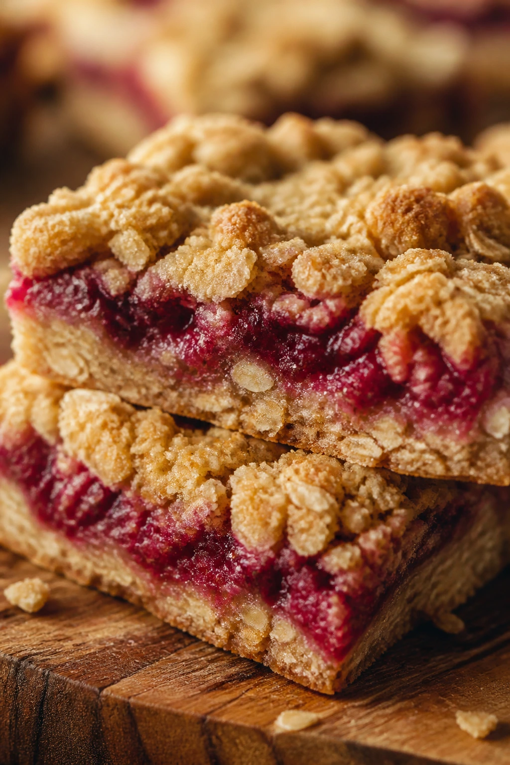 Close-up of raspberry oat crumble bar with jam layer
