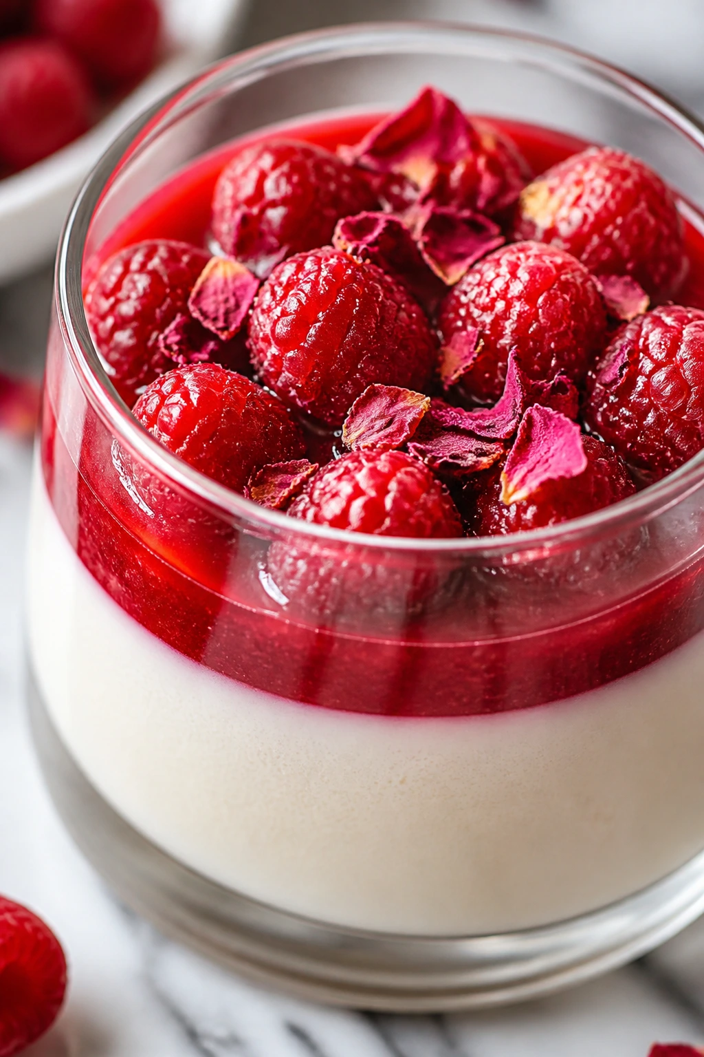 Silky panna cotta in a clear glass topped with raspberries, rose accents.