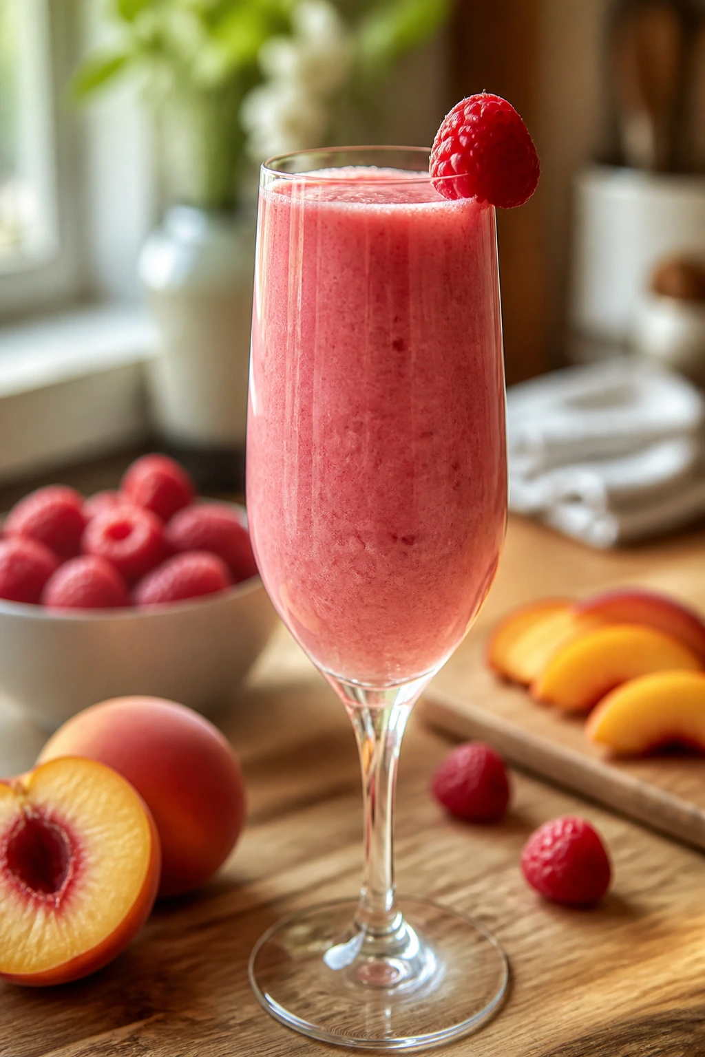 Close-up of Raspberry Peach Bellini Smoothie in a flute glass on brunch-ready kitchen counter