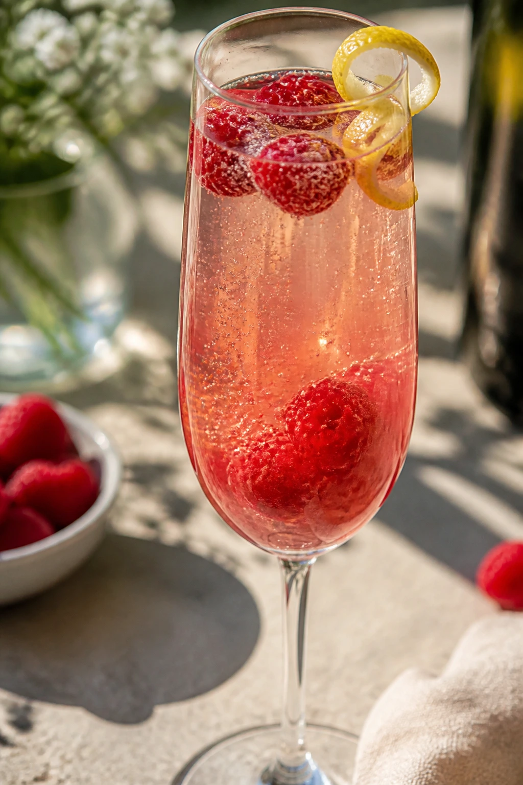 Raspberry Prosecco Float in a flute with raspberries on top and lemon twist