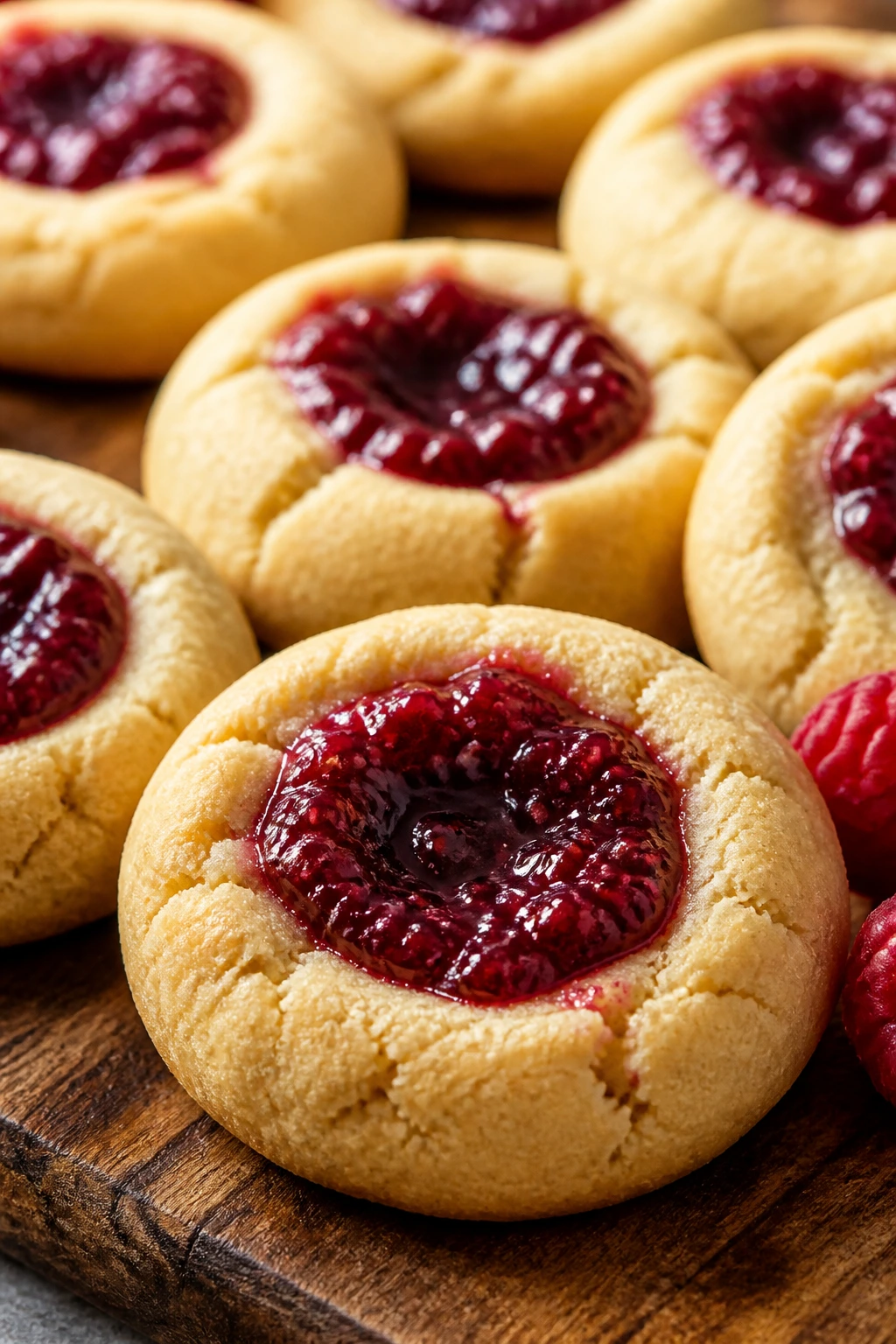 Close-up of raspberry thumbprint protein cookies on a wooden board with jam-filled centers