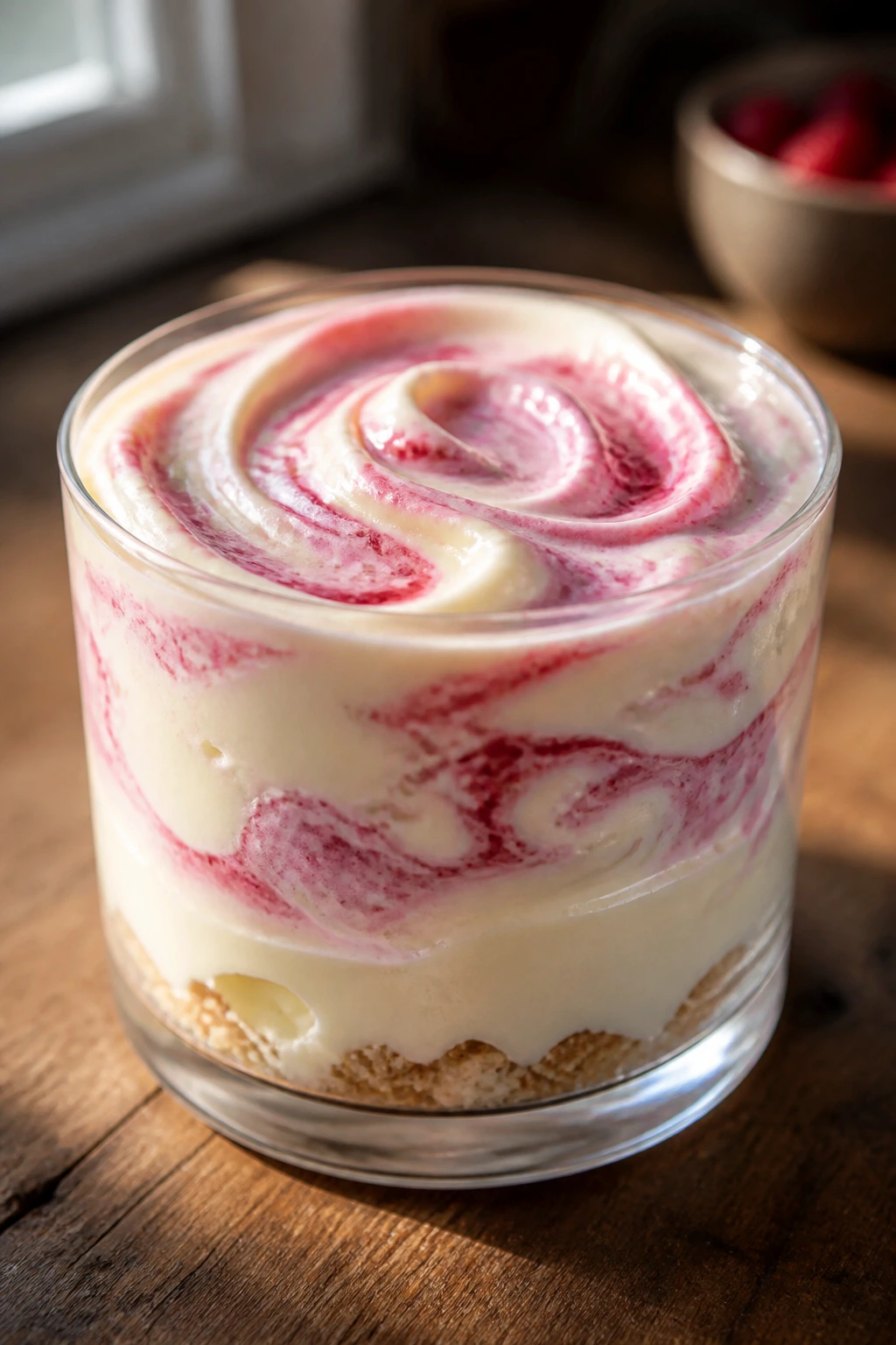 Close-up of Raspberry Ripple Cup with pink swirl in white chocolate mousse