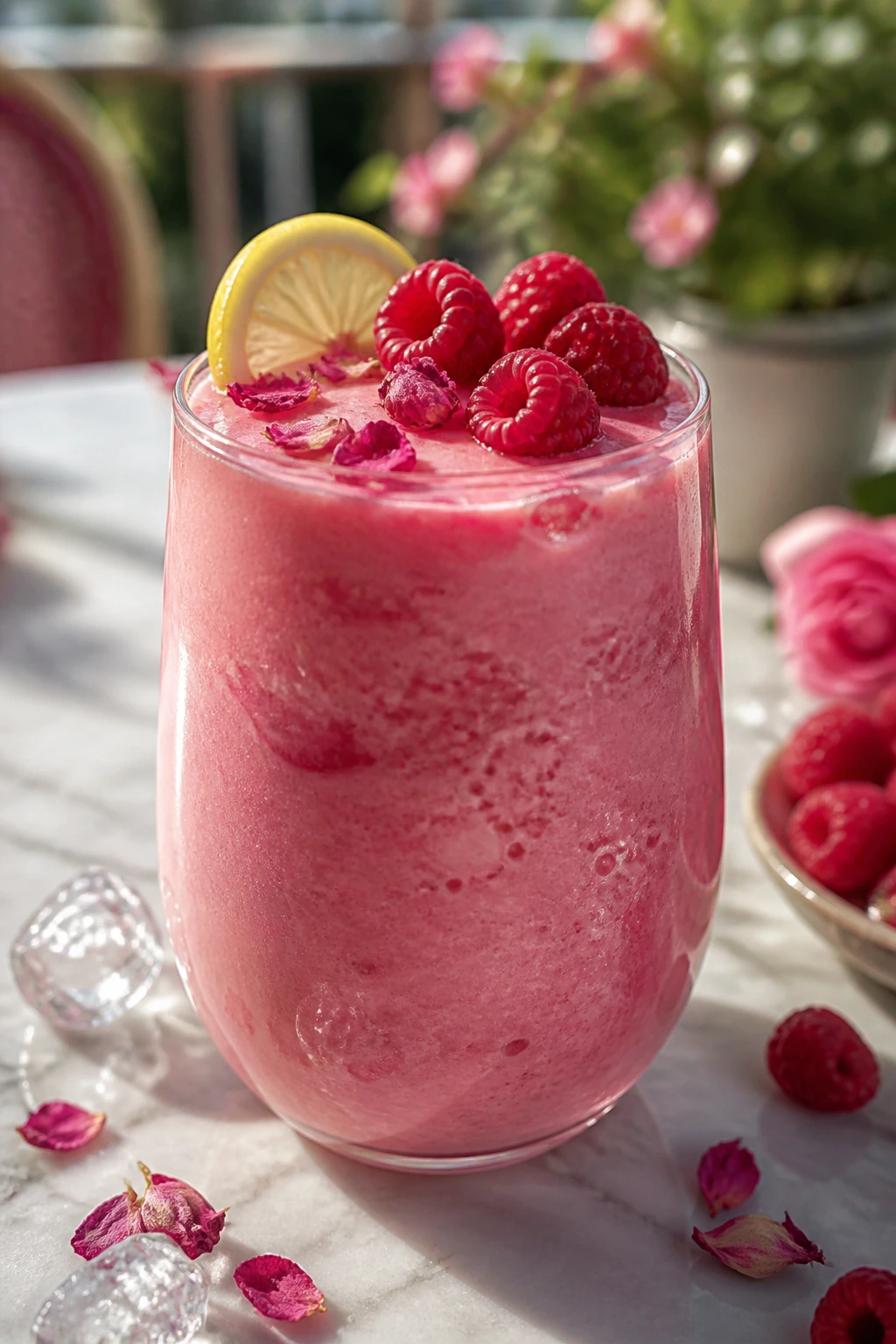 Raspberry rose lemonade smoothie in a glass under bright outdoor light.