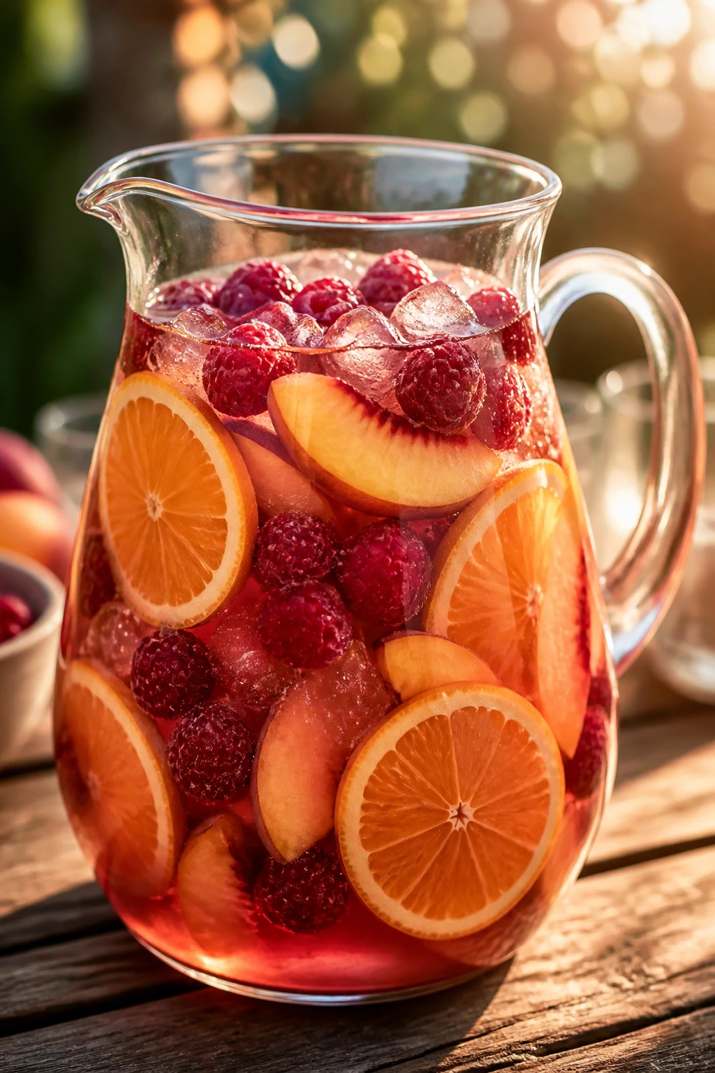 Close-up of a pitcher with raspberry rosé sangria and visible fruit on a rustic table
