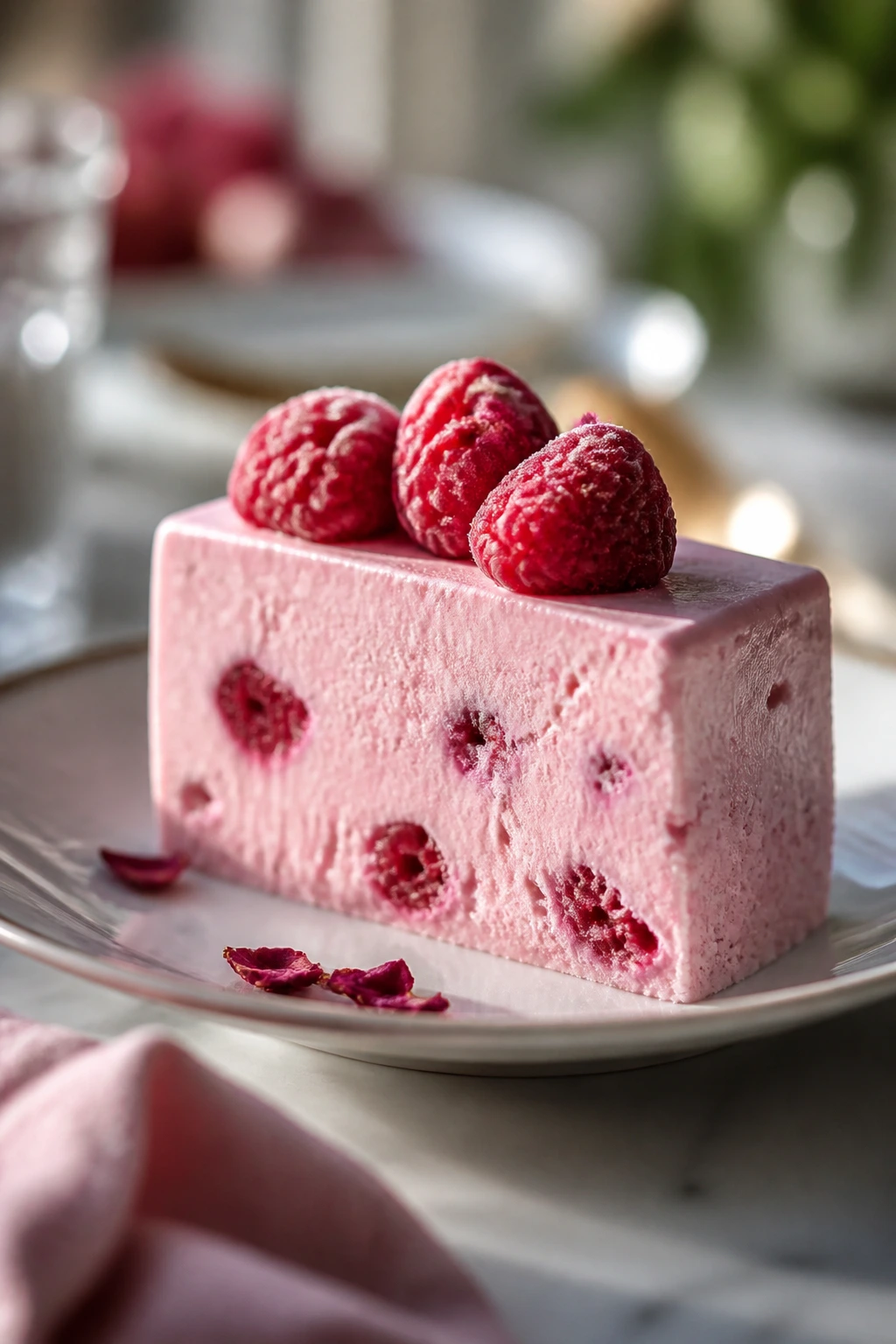 Slice of Raspberry Rose Semifreddo on a plate with raspberries