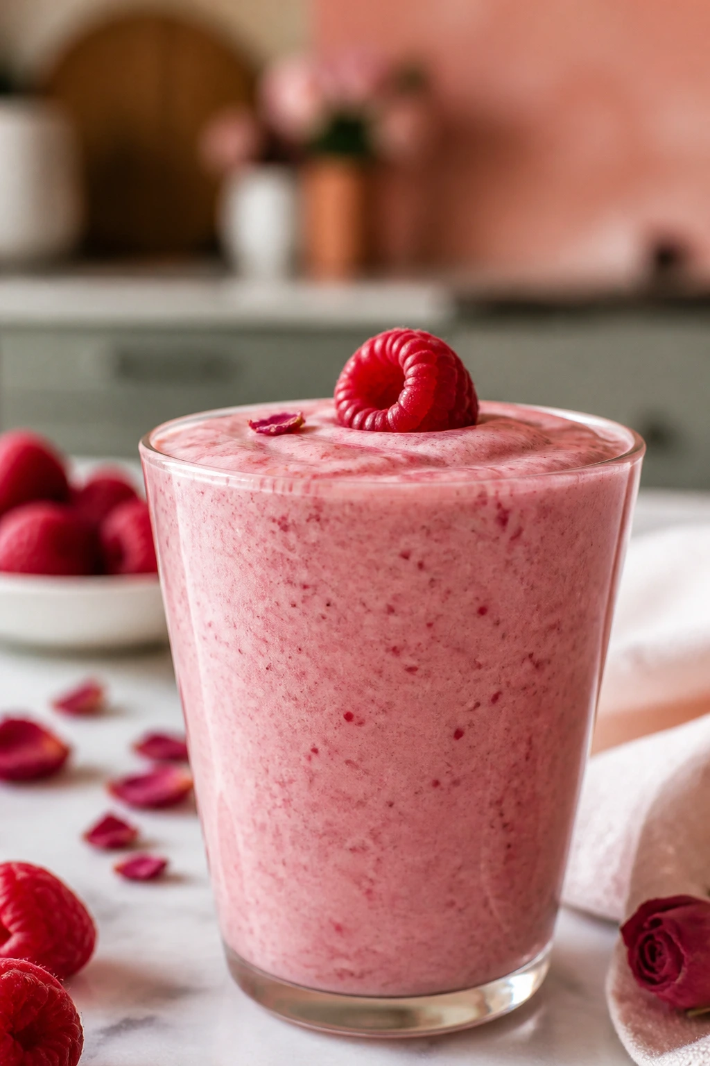 Pink raspberry smoothie in a glass with raspberry garnish in a cozy kitchen