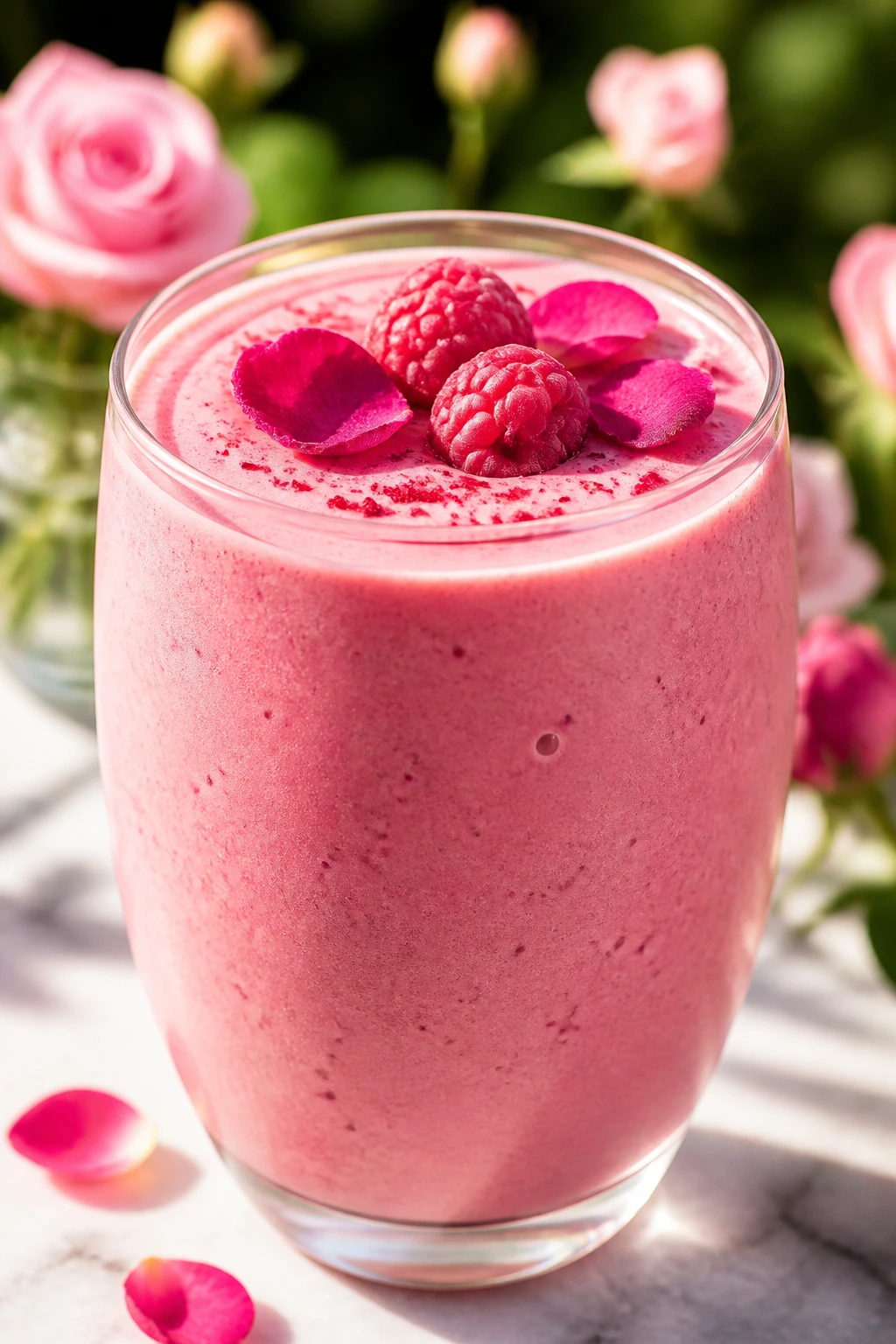 Close-up of raspberry rose vanilla smoothie in glass with soft garden background