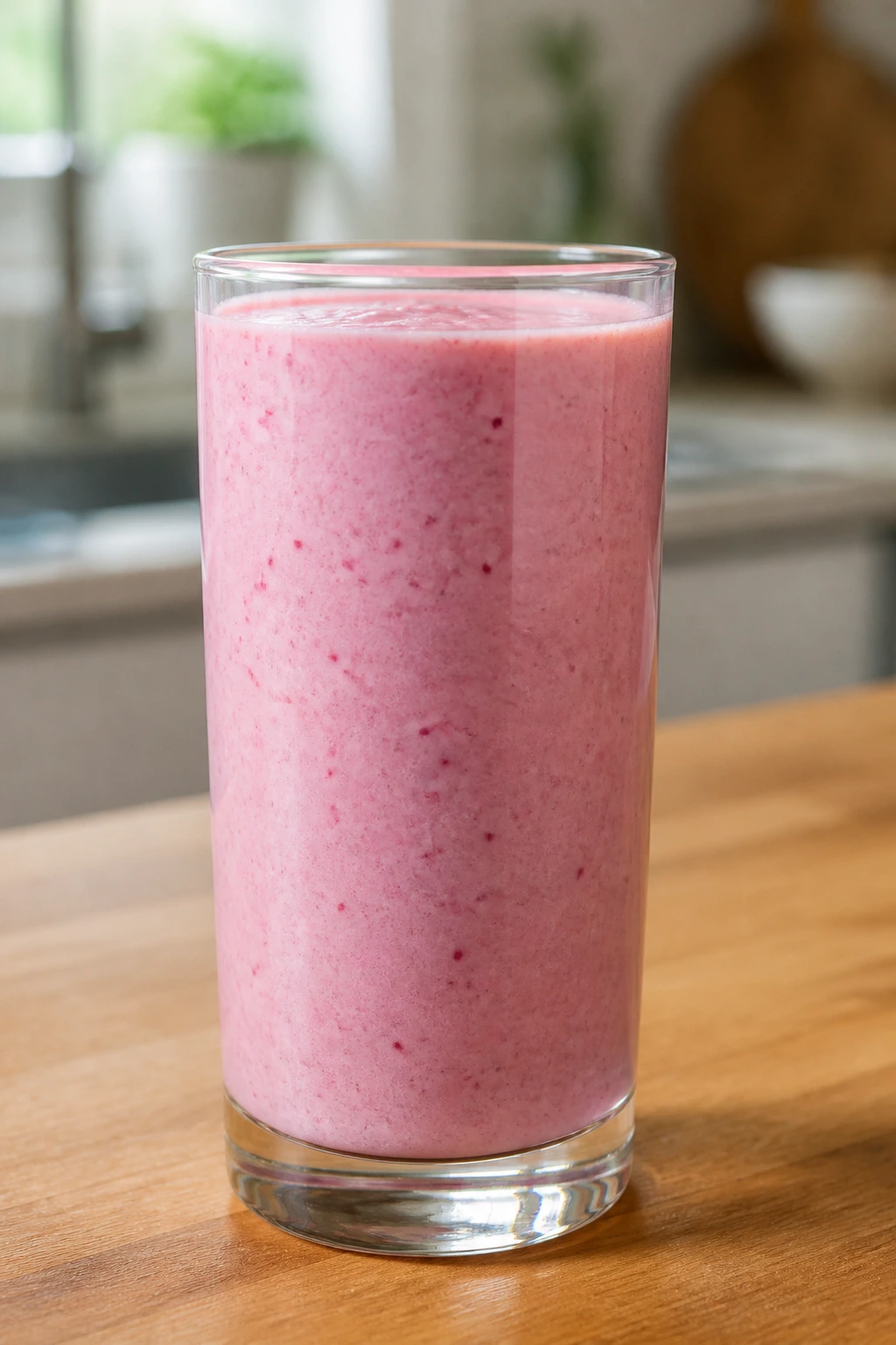 Close-up of a Raspberry Lemon Yogurt Smoothie in a tall glass on a kitchen counter