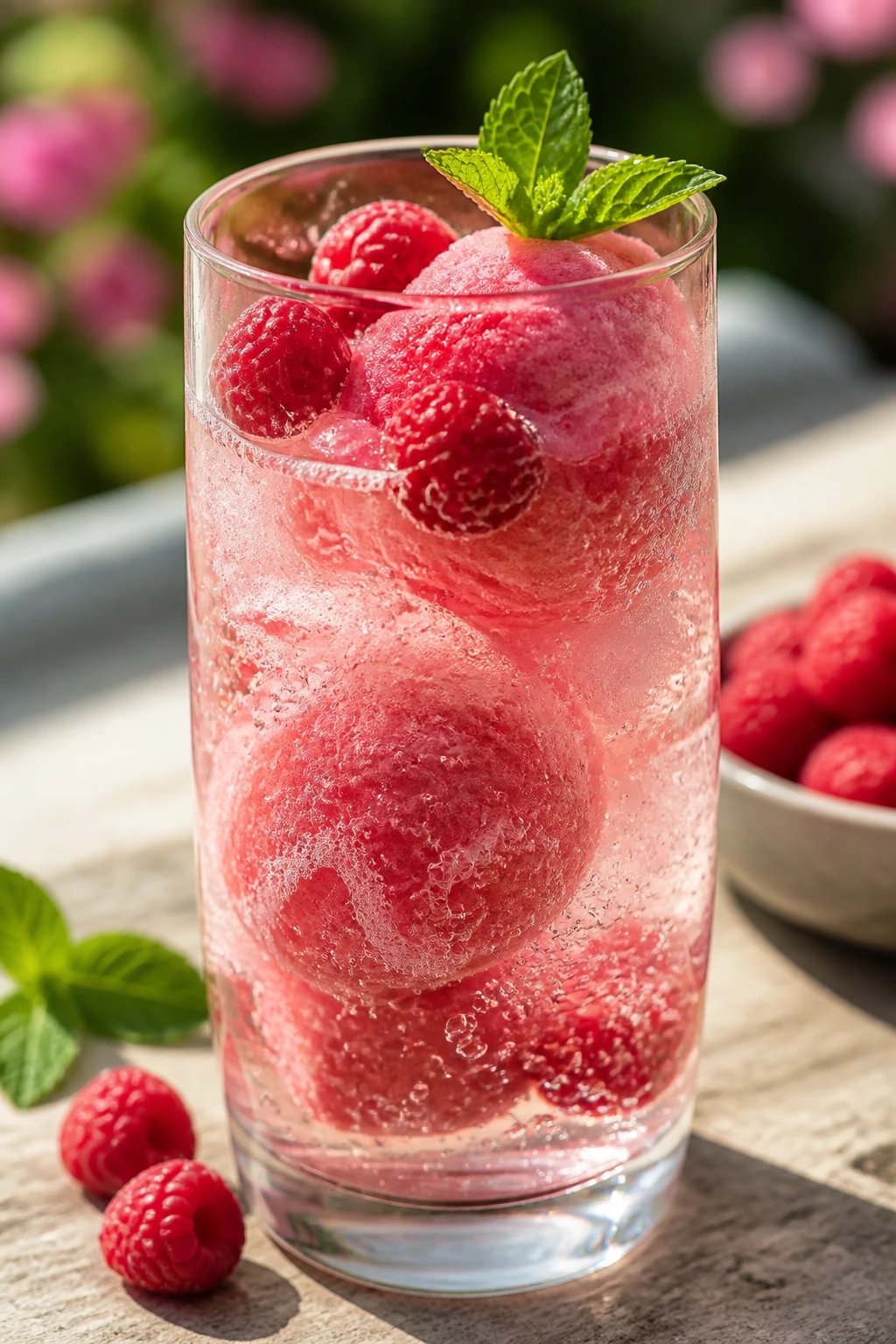 Raspberry sorbet floats in a tall glass with bubbles and mint