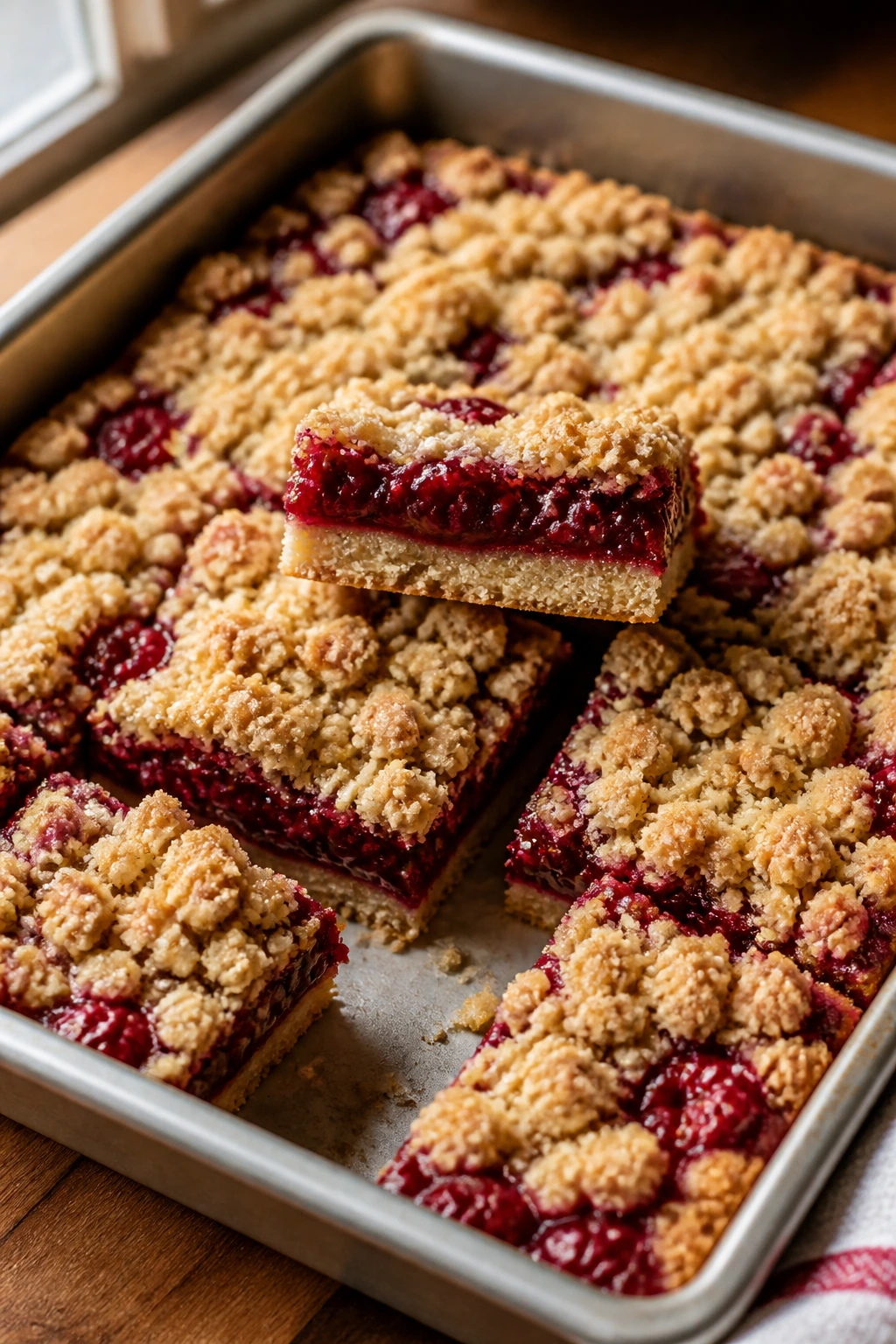 Close-up of raspberry streusel bars with jam center on parchment in an 8x8 pan