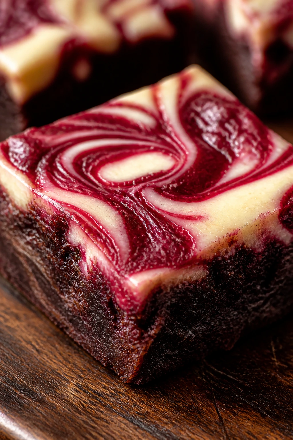 Brownie square with raspberry cheesecake swirl