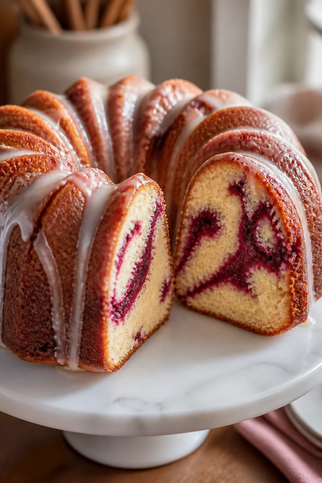 Bundt cake with raspberry swirl and glaze