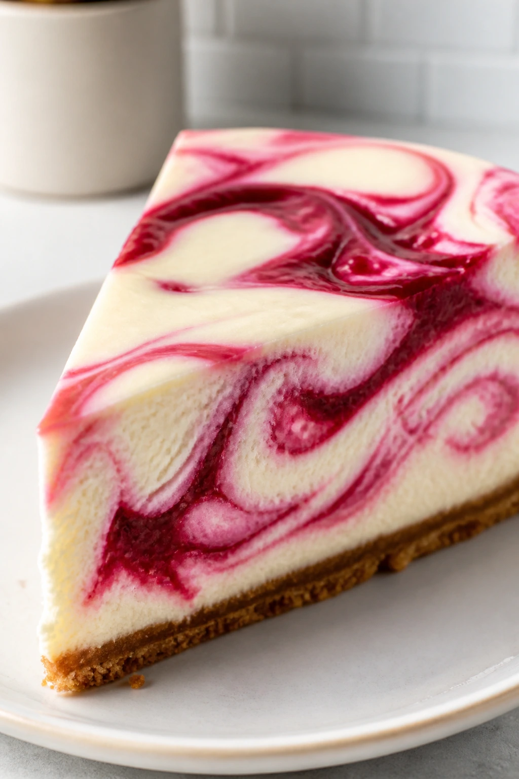 Close-up of Raspberry Swirl Cheesecake slice on plate