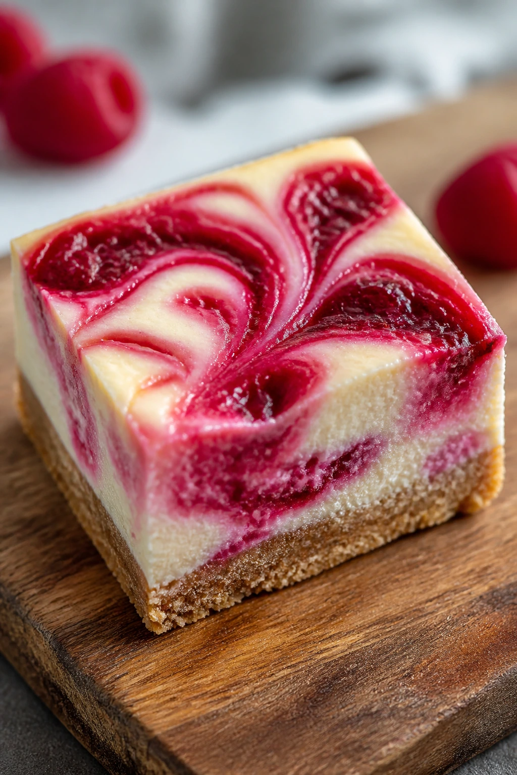 Cheesecake bar with raspberry swirl on wood board