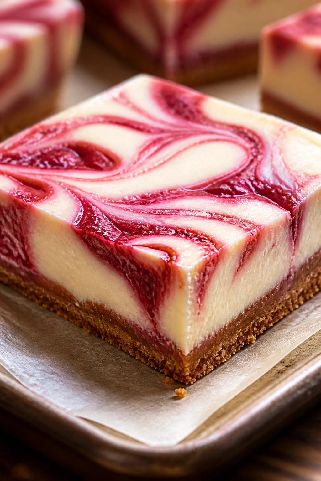 Cheesecake bar with raspberry swirl on parchment