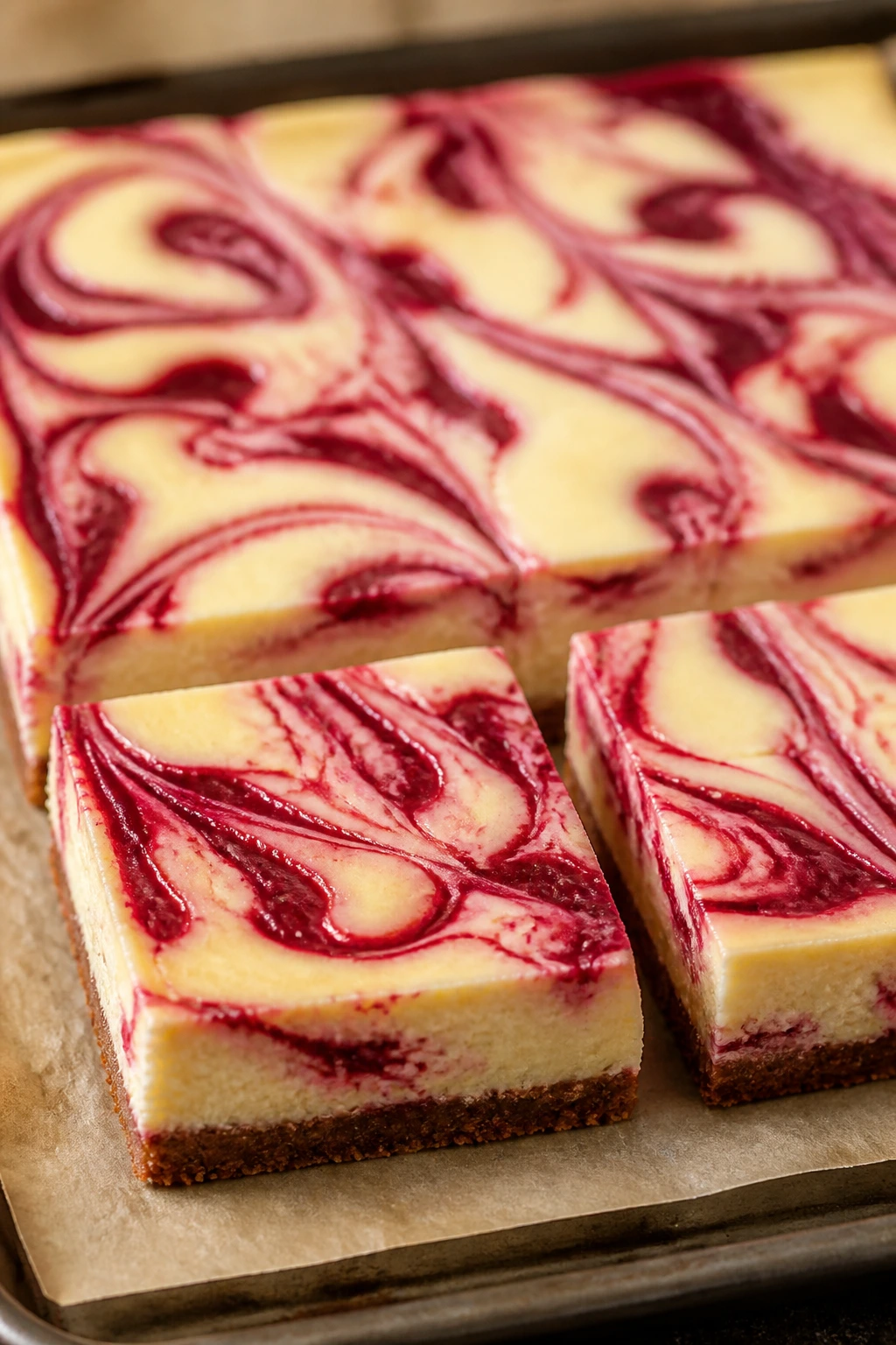 Raspberry swirl cheesecake slab with marbled topping