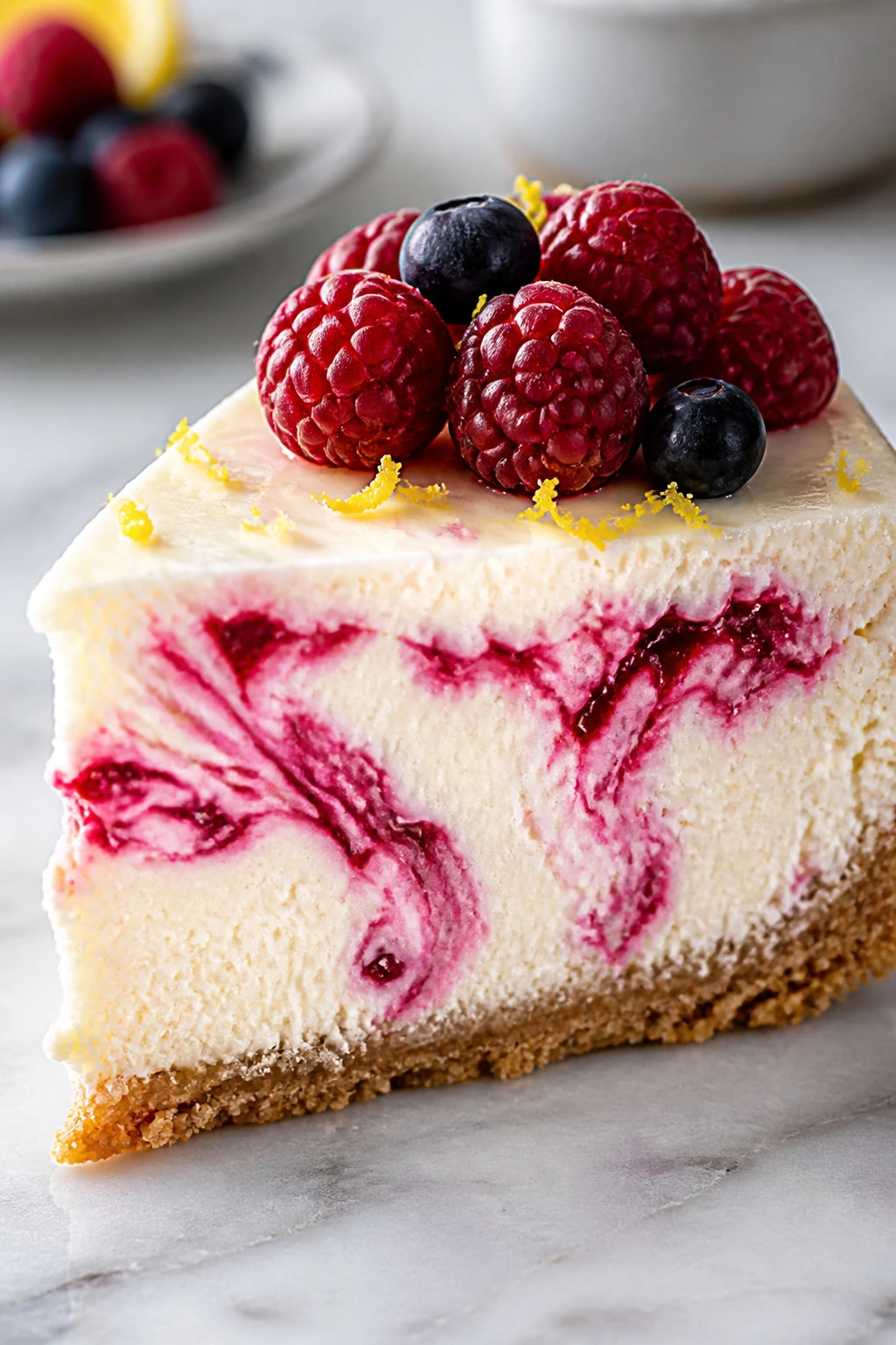 Cheesecake slice with raspberry swirl and lemon zest on top