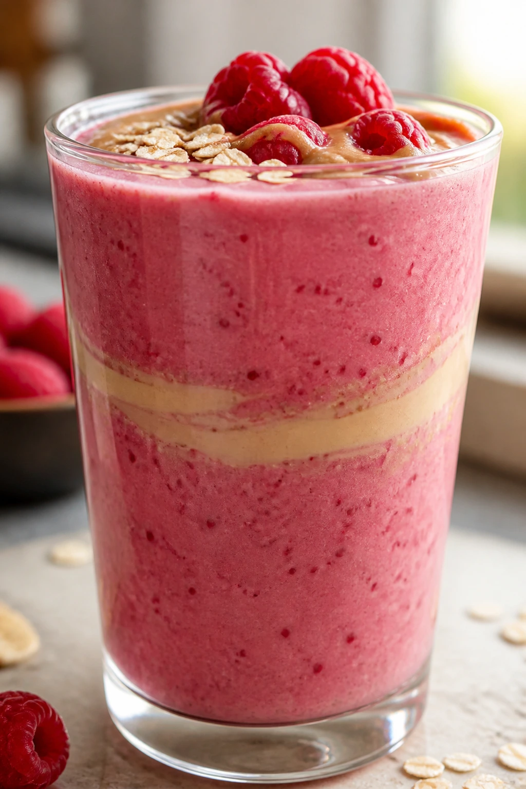 Pink Raspberry Tahini Date Smoothie in a glass on a kitchen counter