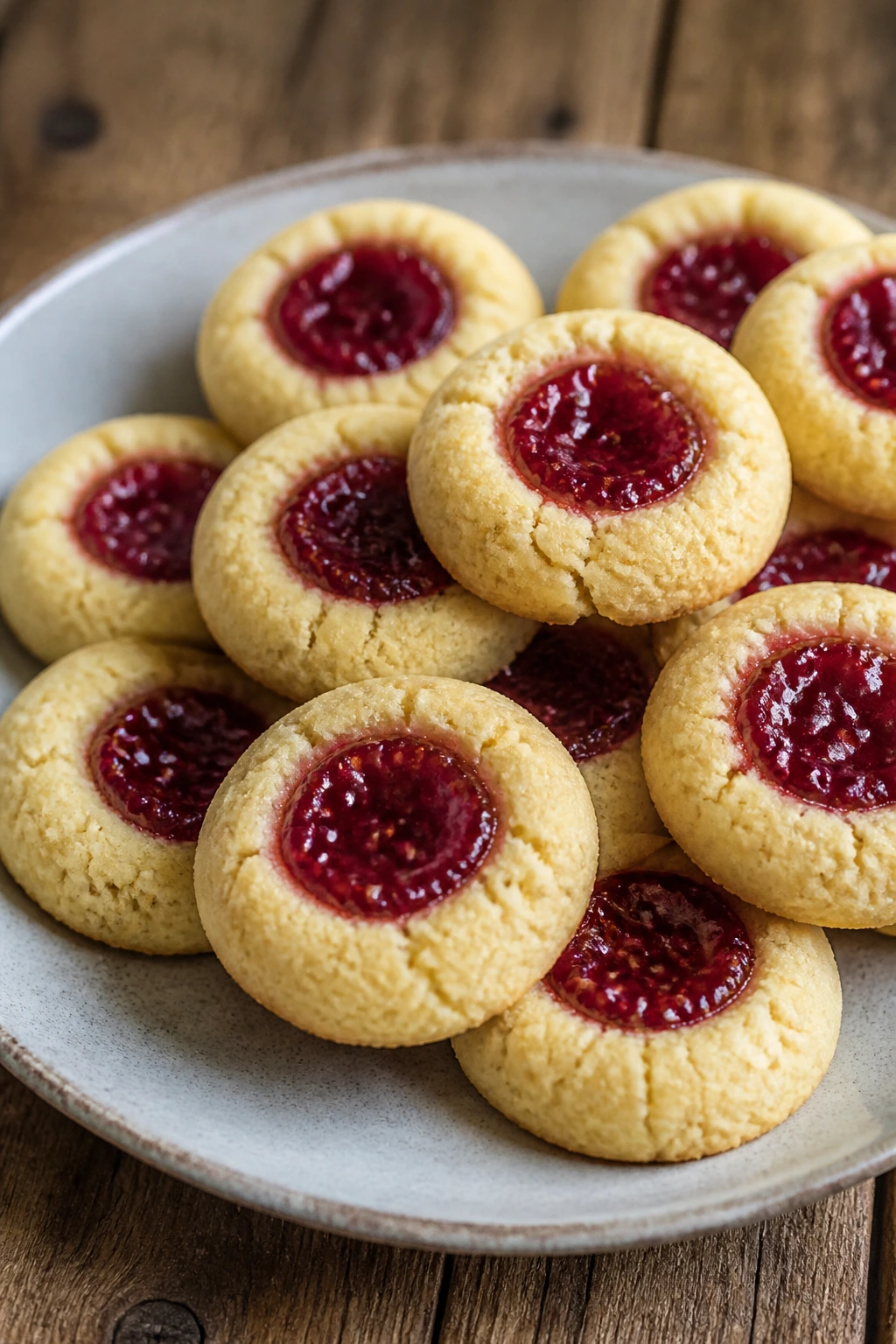 Close-up of raspberry thumbprint cookies with jam wells