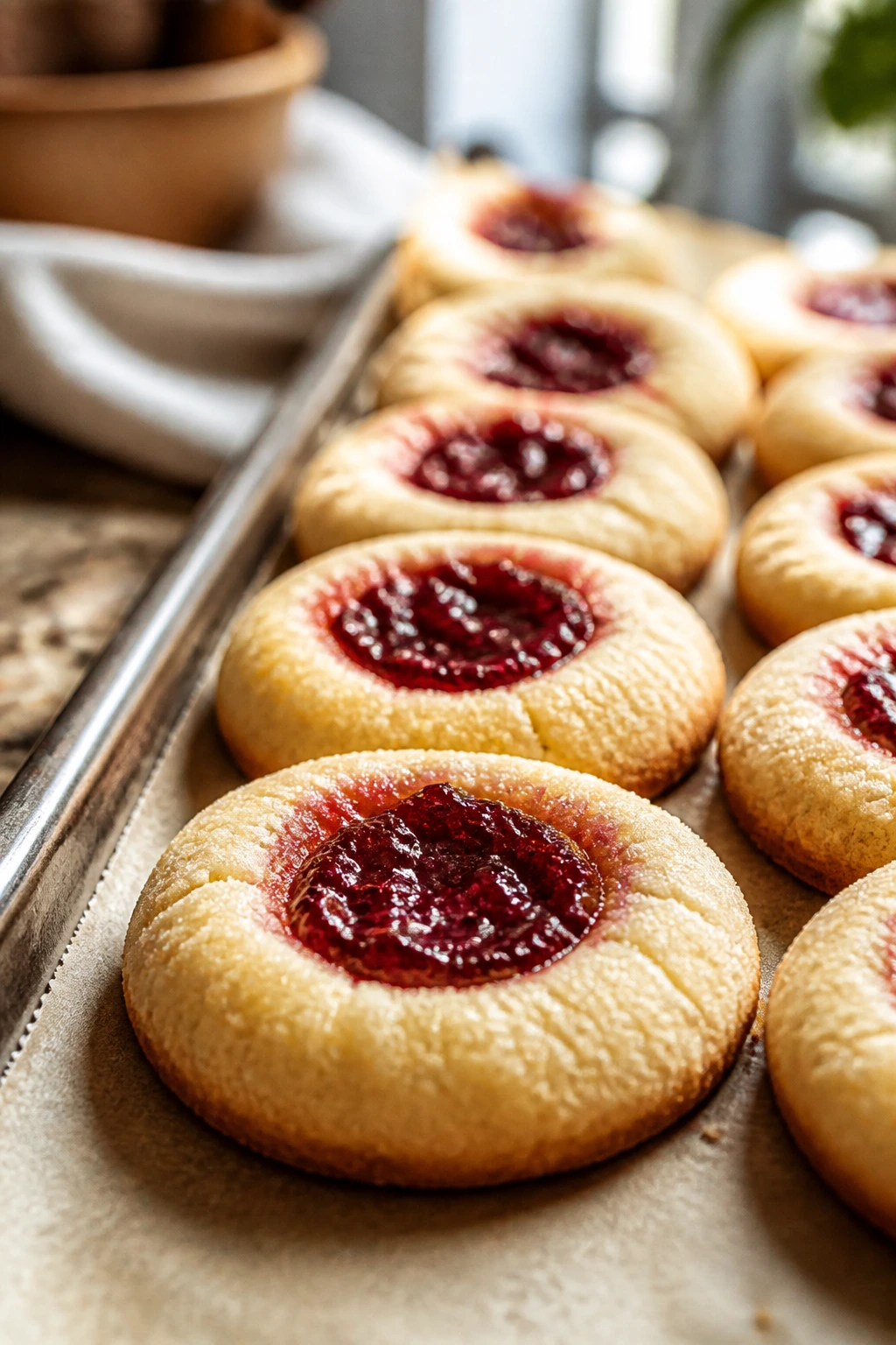Raspberry thumbprint cookies on parchment