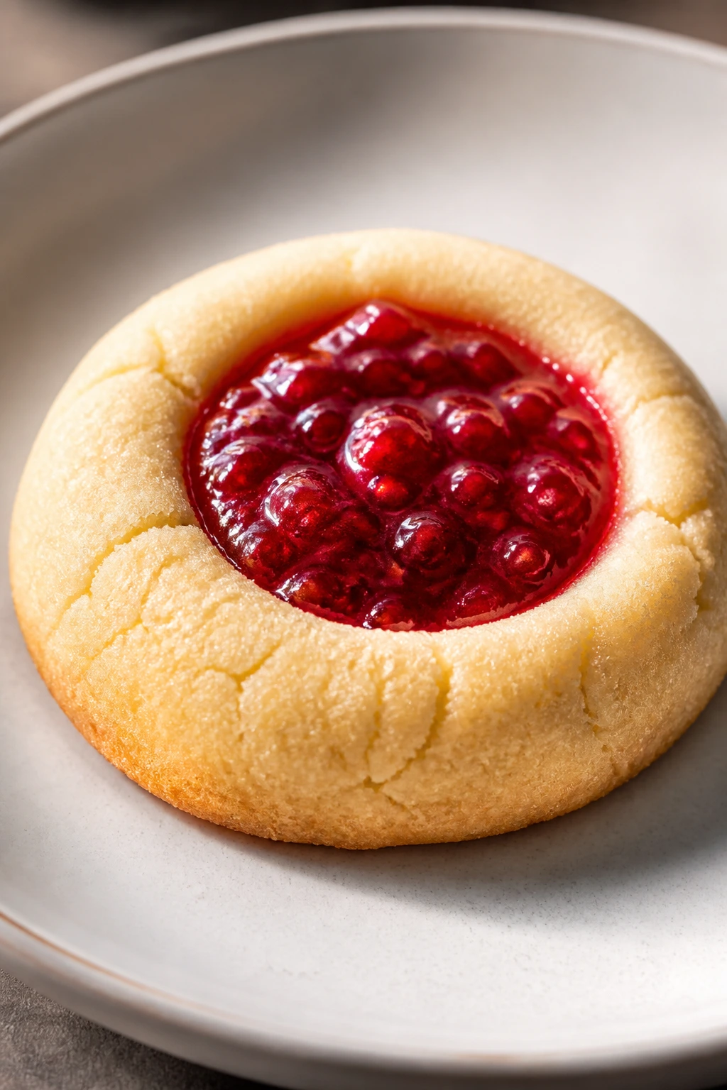 Close-up of a Raspberry Thumbprint Cookie with jam center