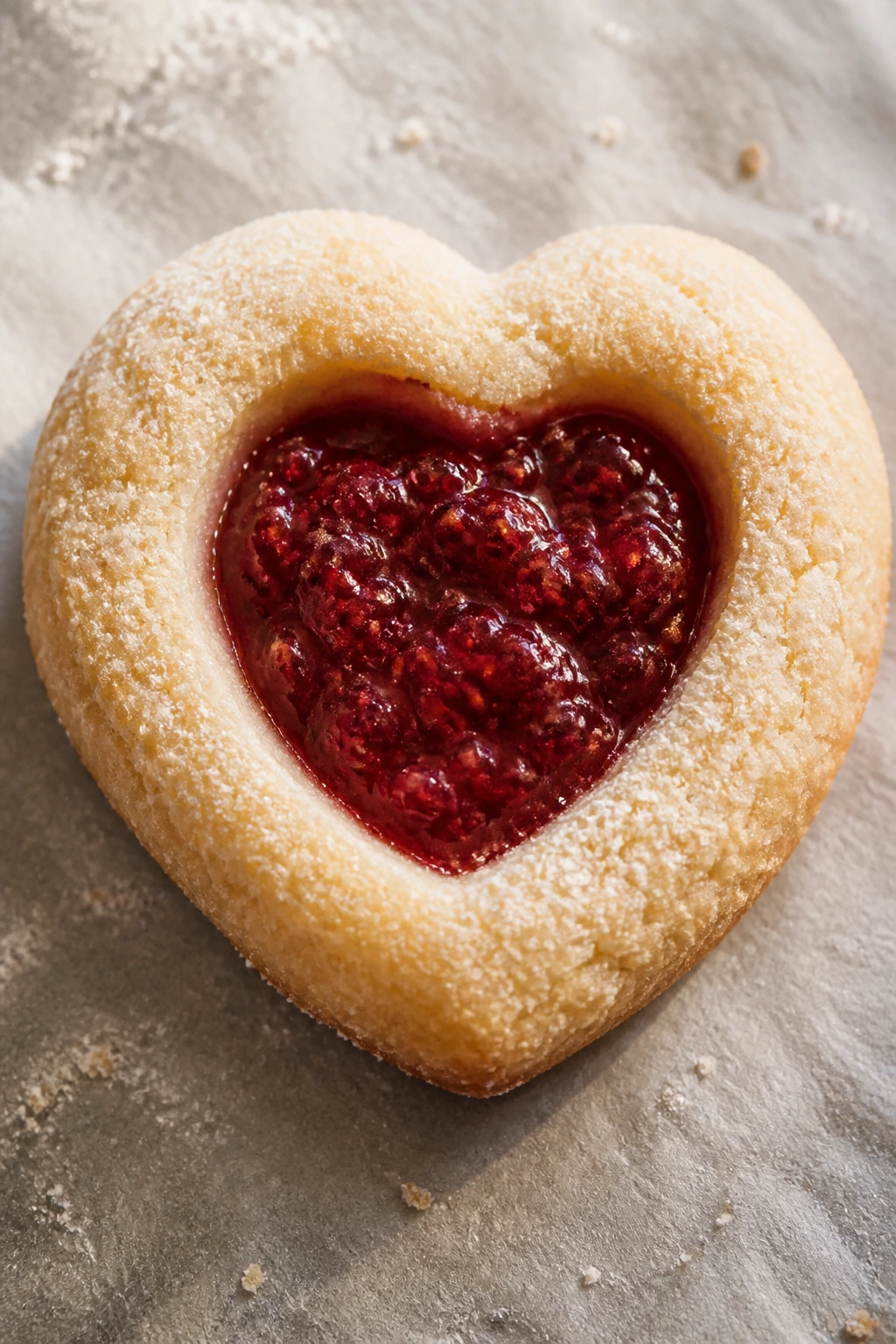 Close-up of a raspberry thumbprint heart cookie with jam center