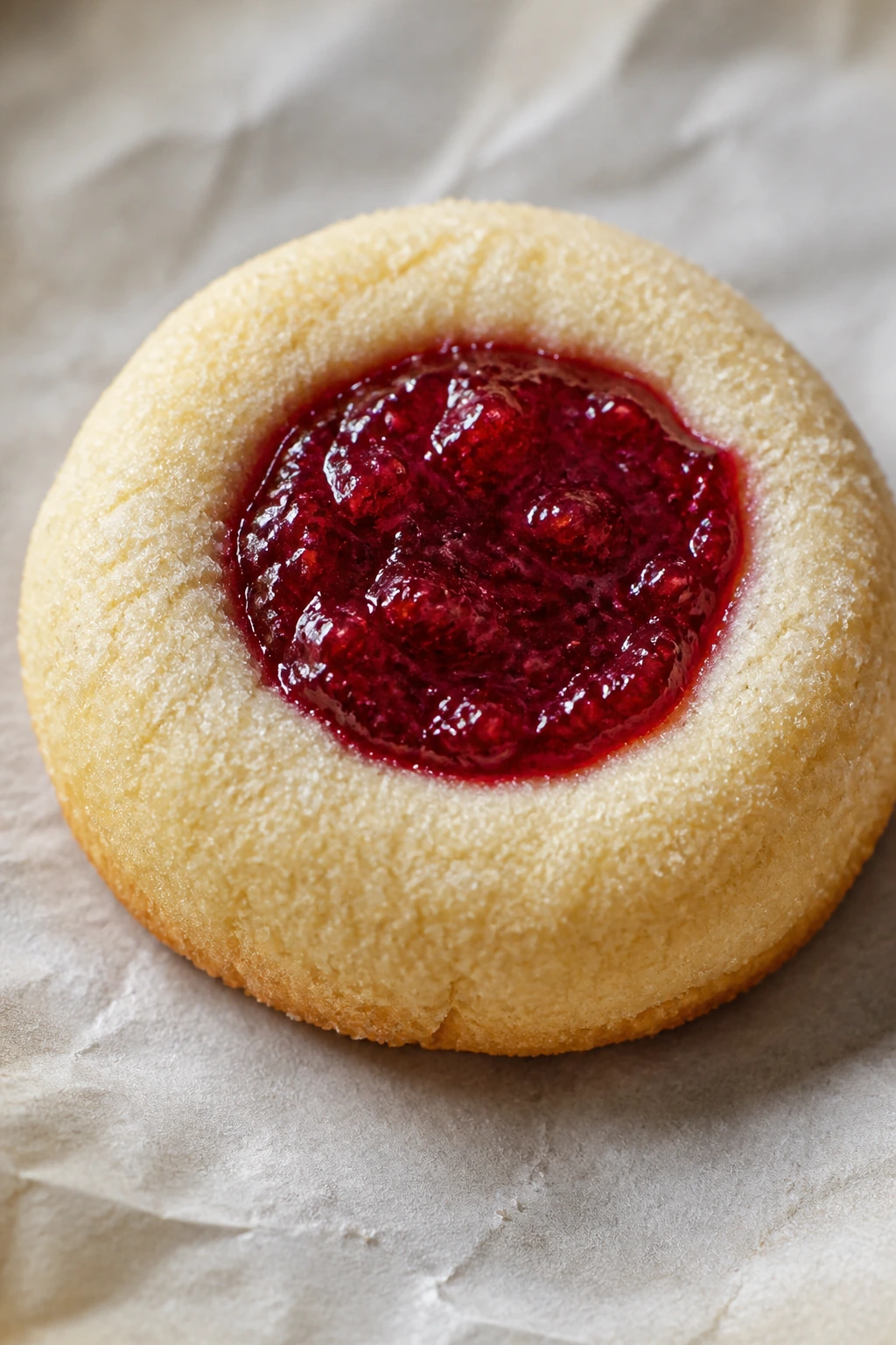 Close-up of Raspberry Thumbprint Sugar Cookie with jam center