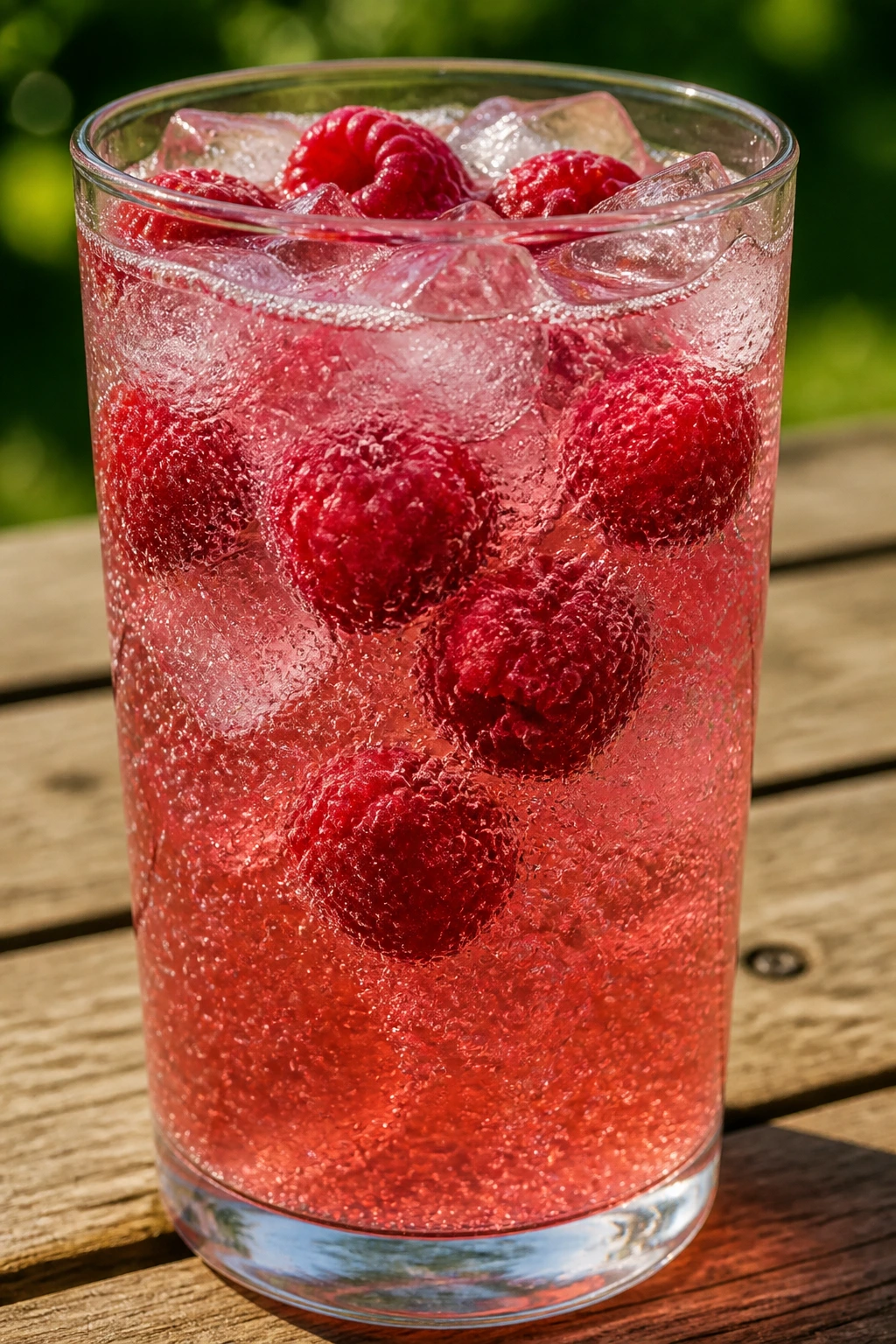 Glass of raspberry vanilla soda on a sunny picnic table with raspberries
