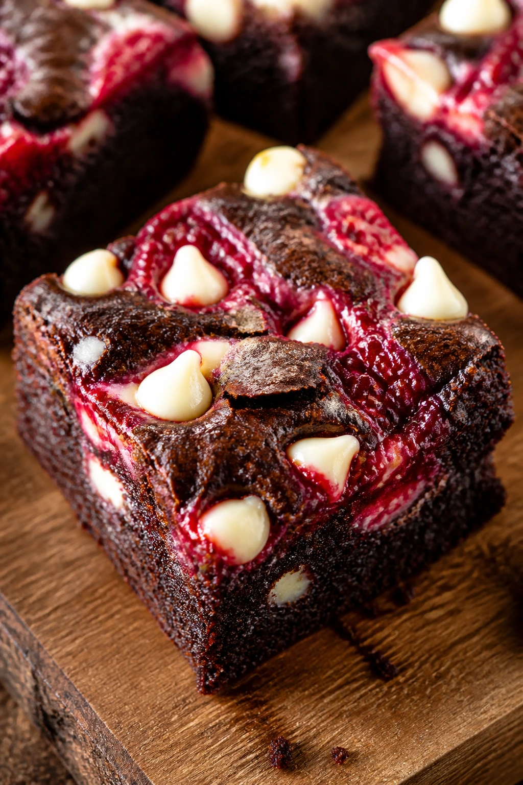 Close-up of raspberry streaked brownie with white chocolate chips