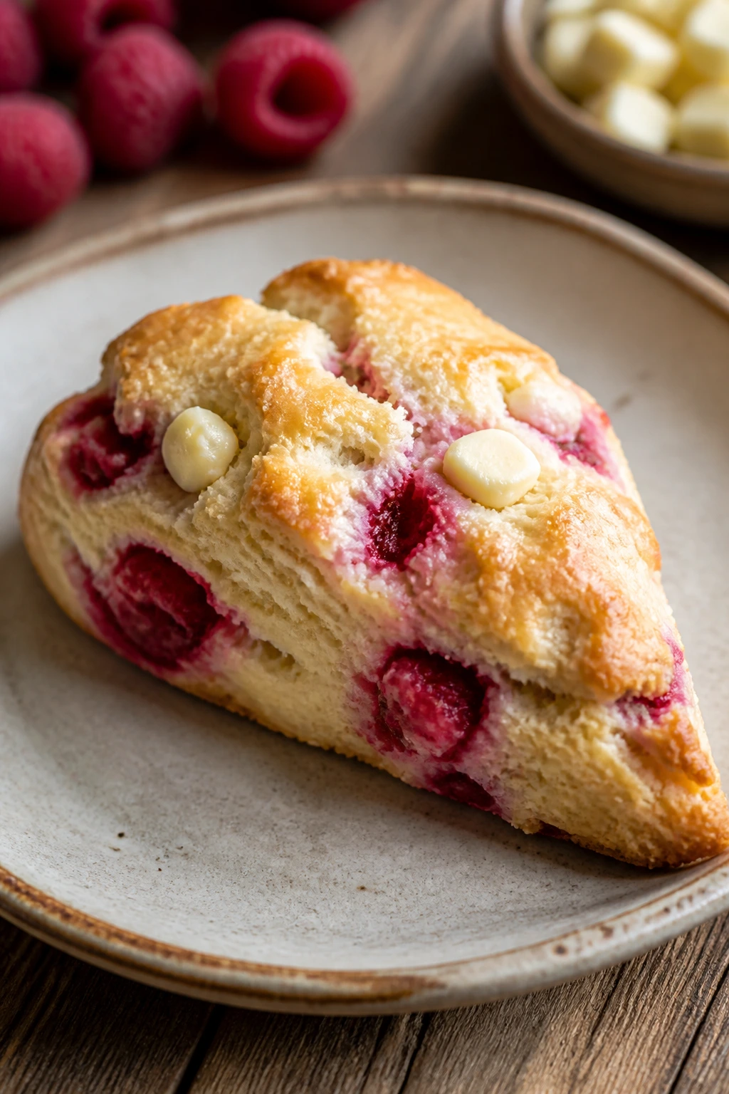 Close-up of a raspberry white chocolate scone on a plate.