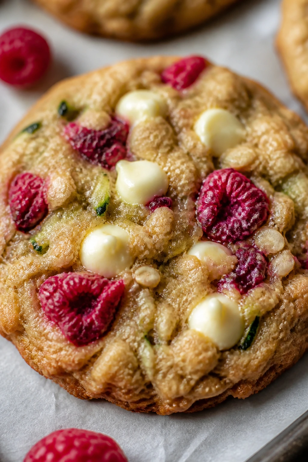 Close-up of a Raspberry White Chocolate Zucchini Oatmeal Cookie with raspberries and white chocolate chips.