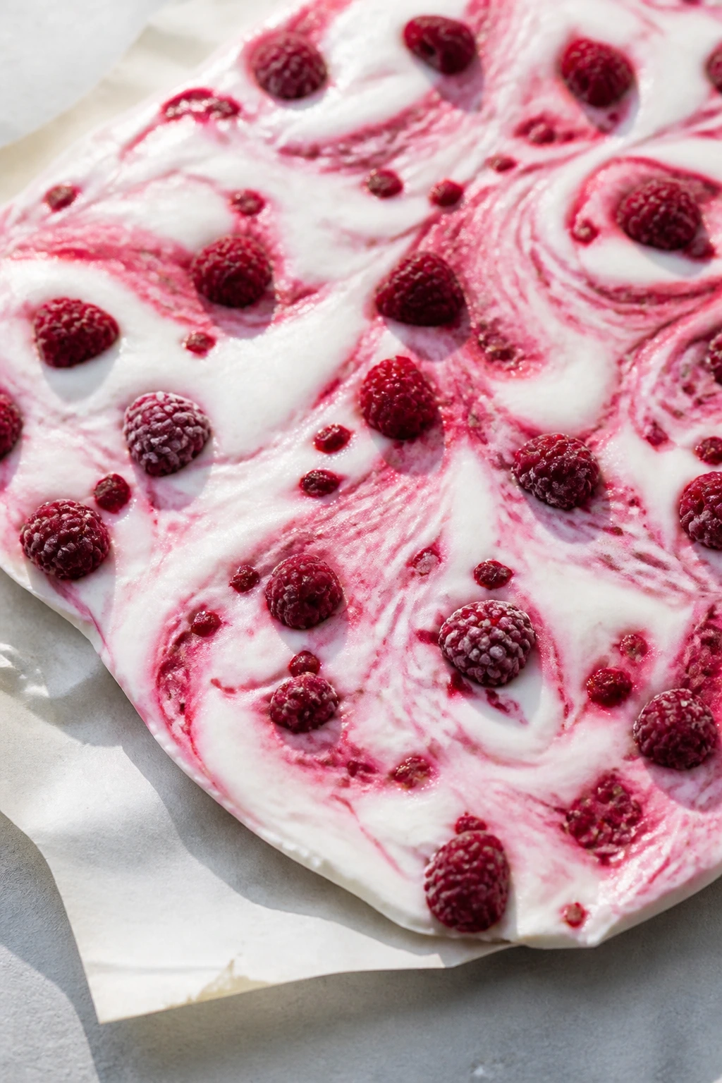 Close-up of Raspberry Yogurt Bark with raspberry swirl on parchment