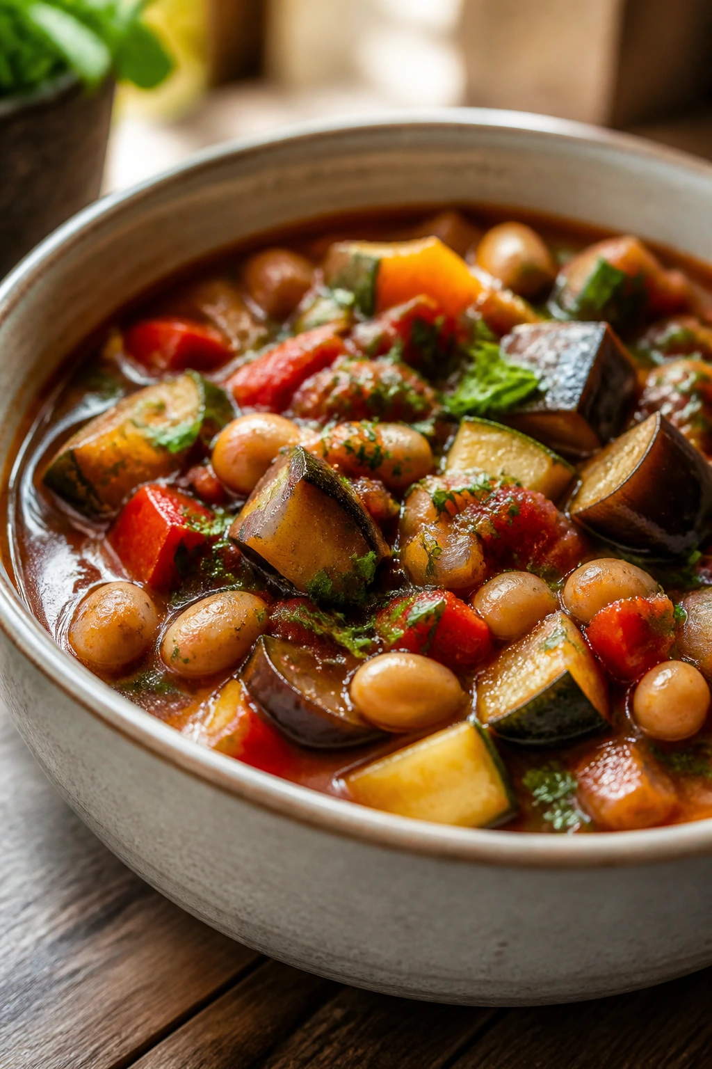 Bright Ratatouille-style vegetable and white bean stew in a bowl