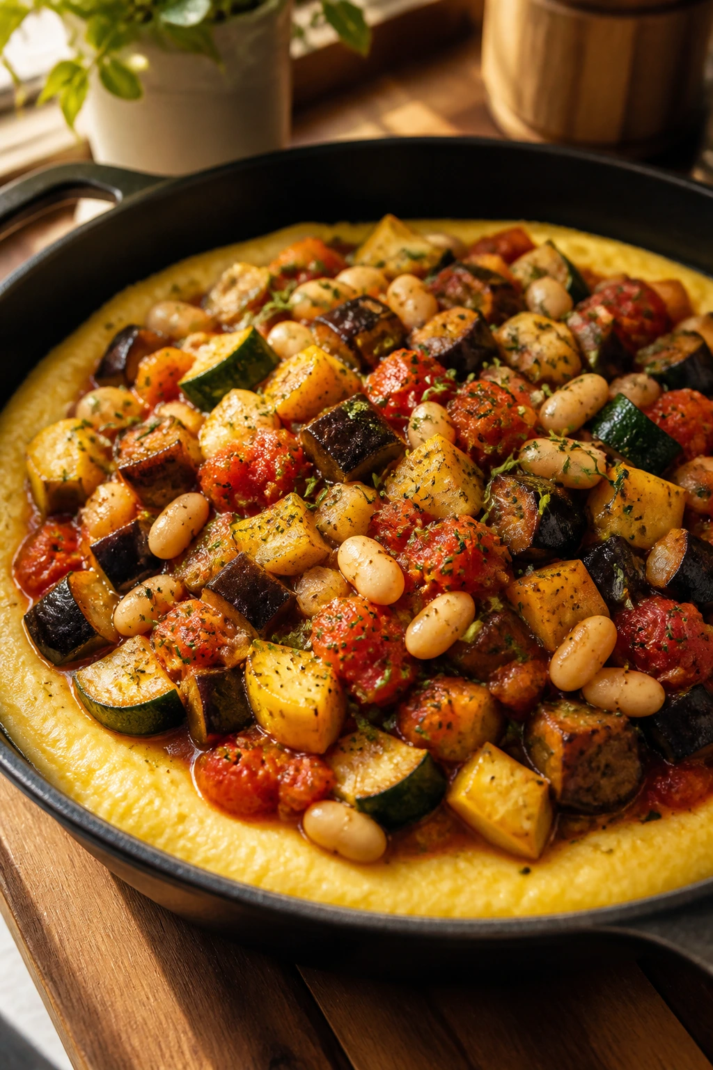 Close-up of one-pan ratatouille with white beans and polenta in a skillet