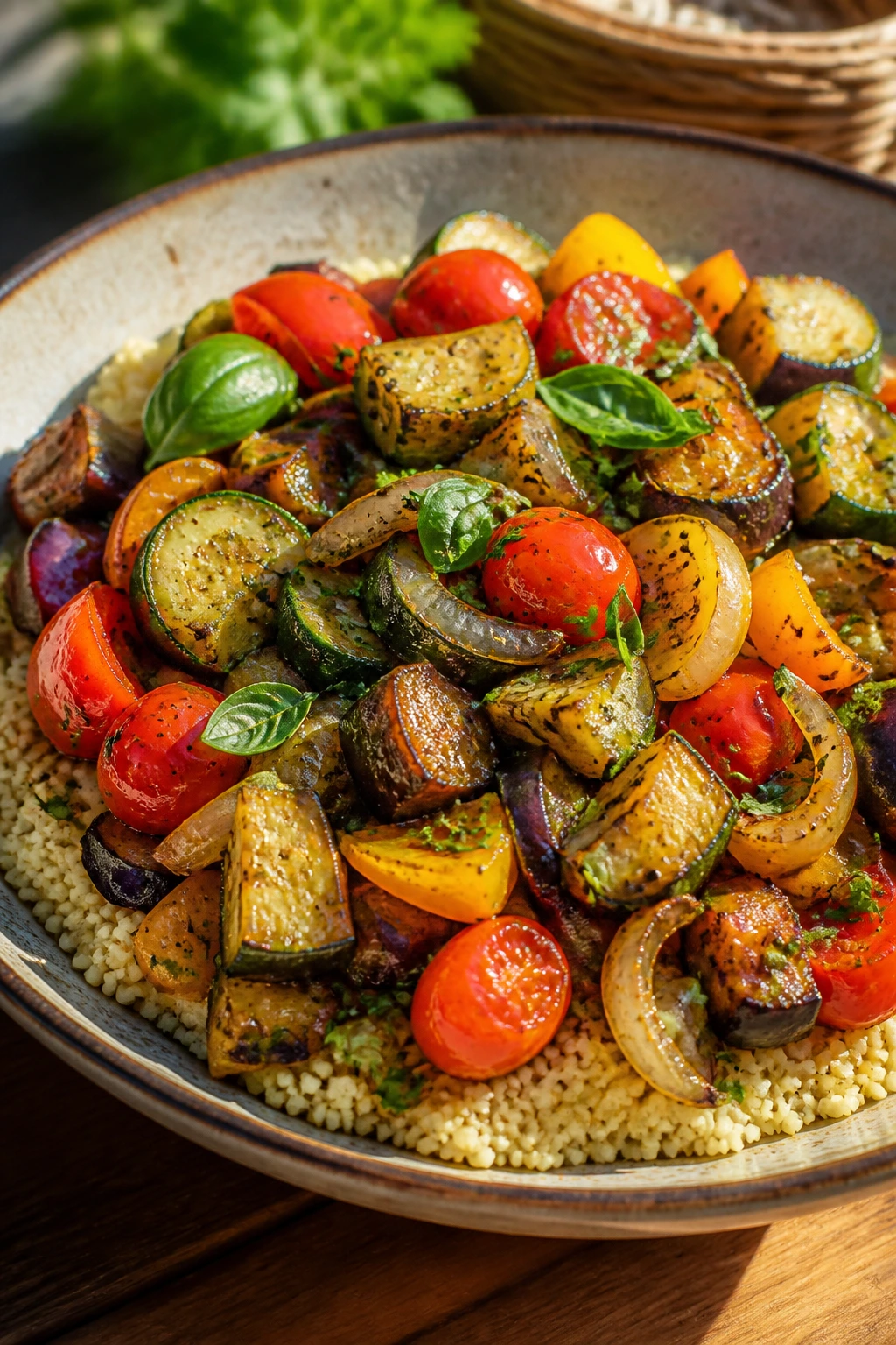 Ratatouille over couscous in a rustic bowl