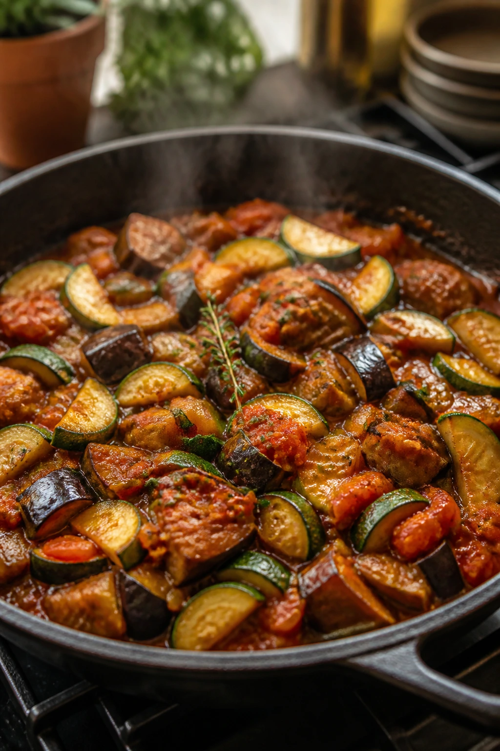 Close-up of ratatouille-style eggplant and zucchini in a skillet