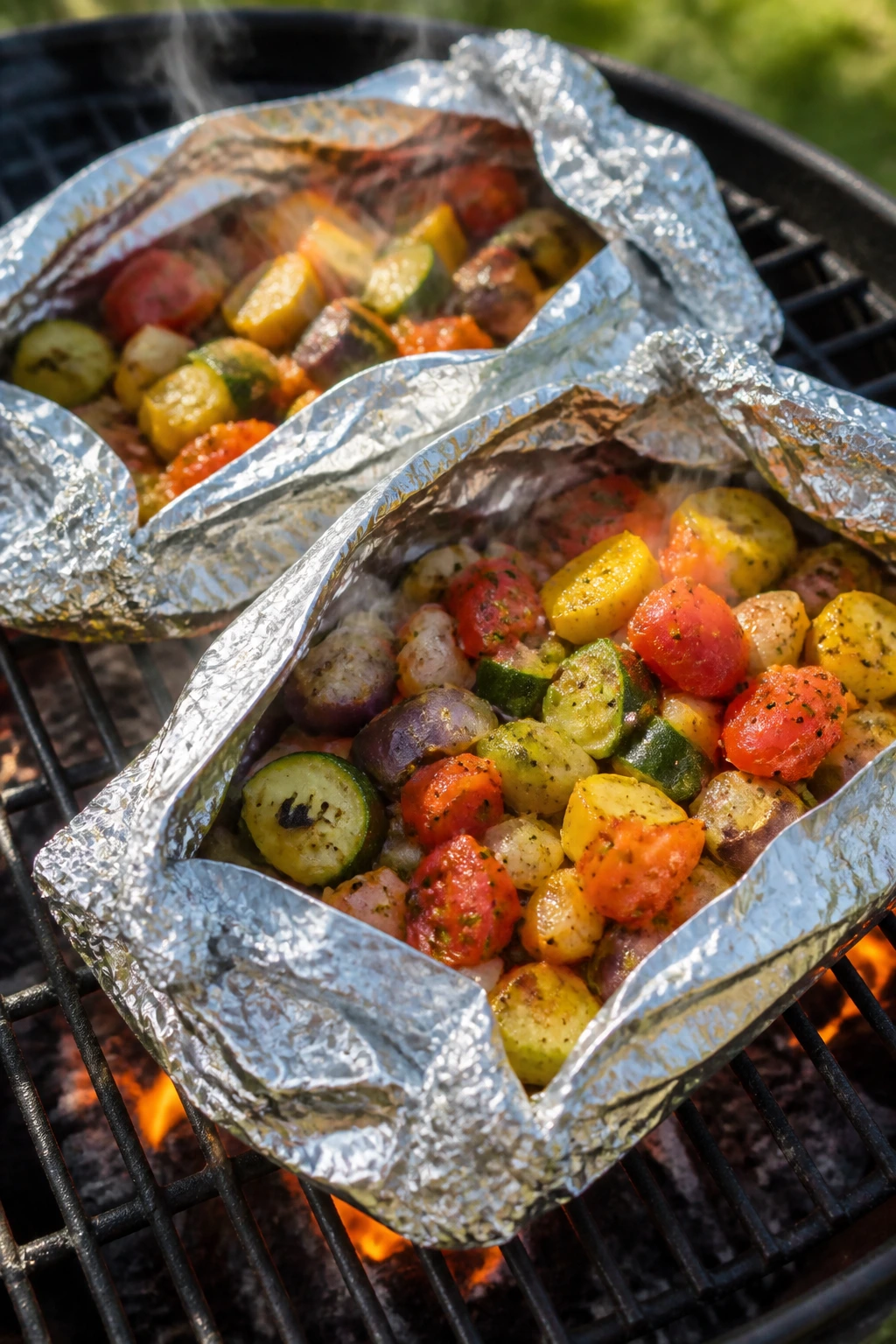 Foil packets with ratatouille steaming on a grill outdoors