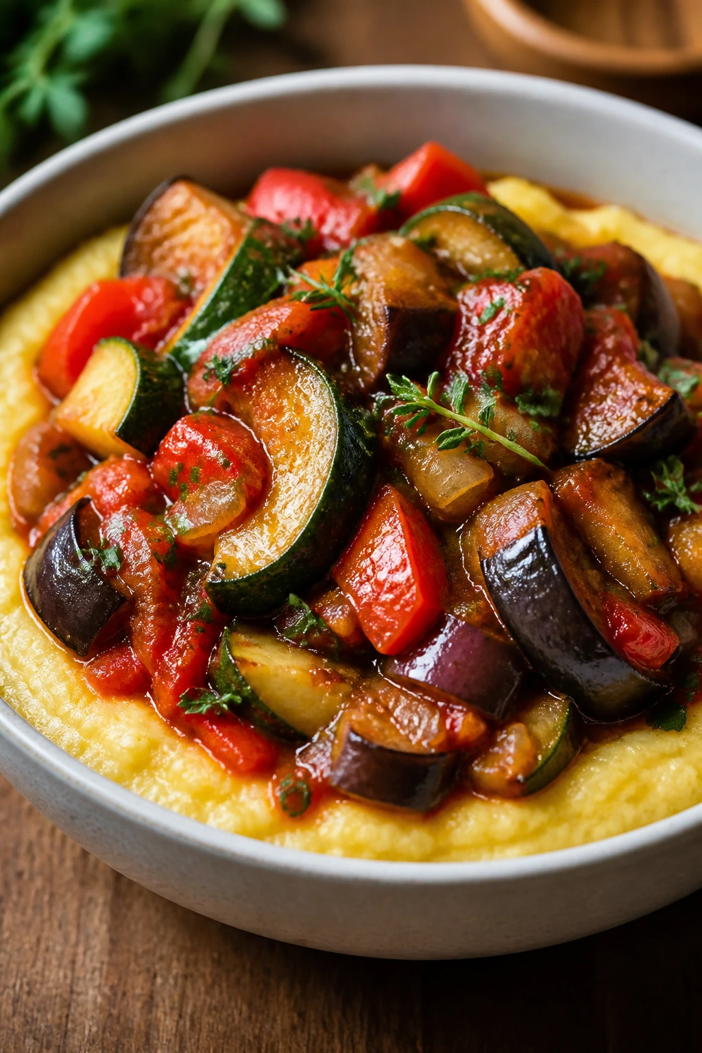 Close-up ratatouille over polenta in a bowl
