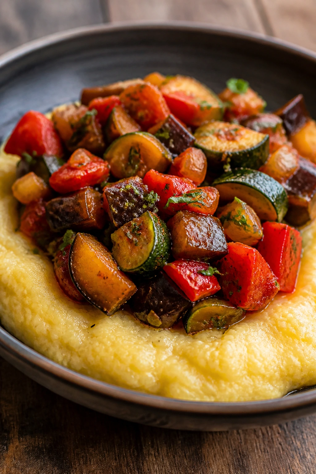 Ratatouille served over polenta in a deep bowl