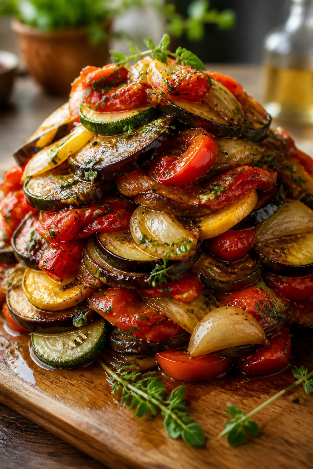 Close-up of glossy rustic ratatouille mound with eggplant, zucchini, peppers and tomatoes