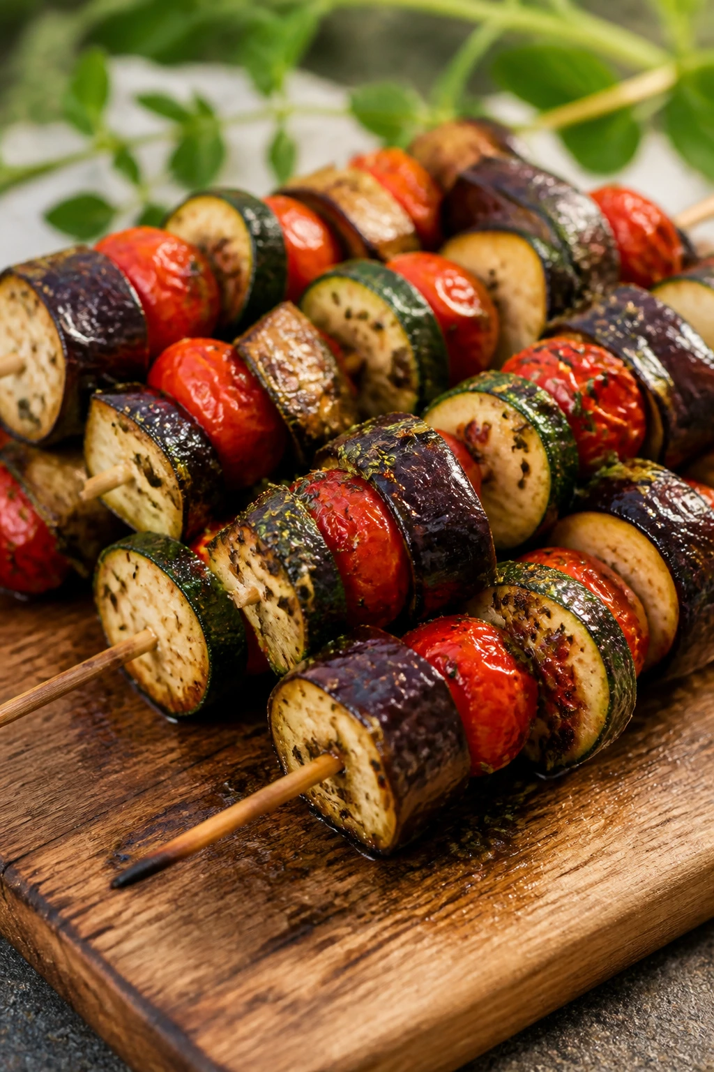 Close-up of Ratatouille Skewers with Eggplant Zucchini Tomato