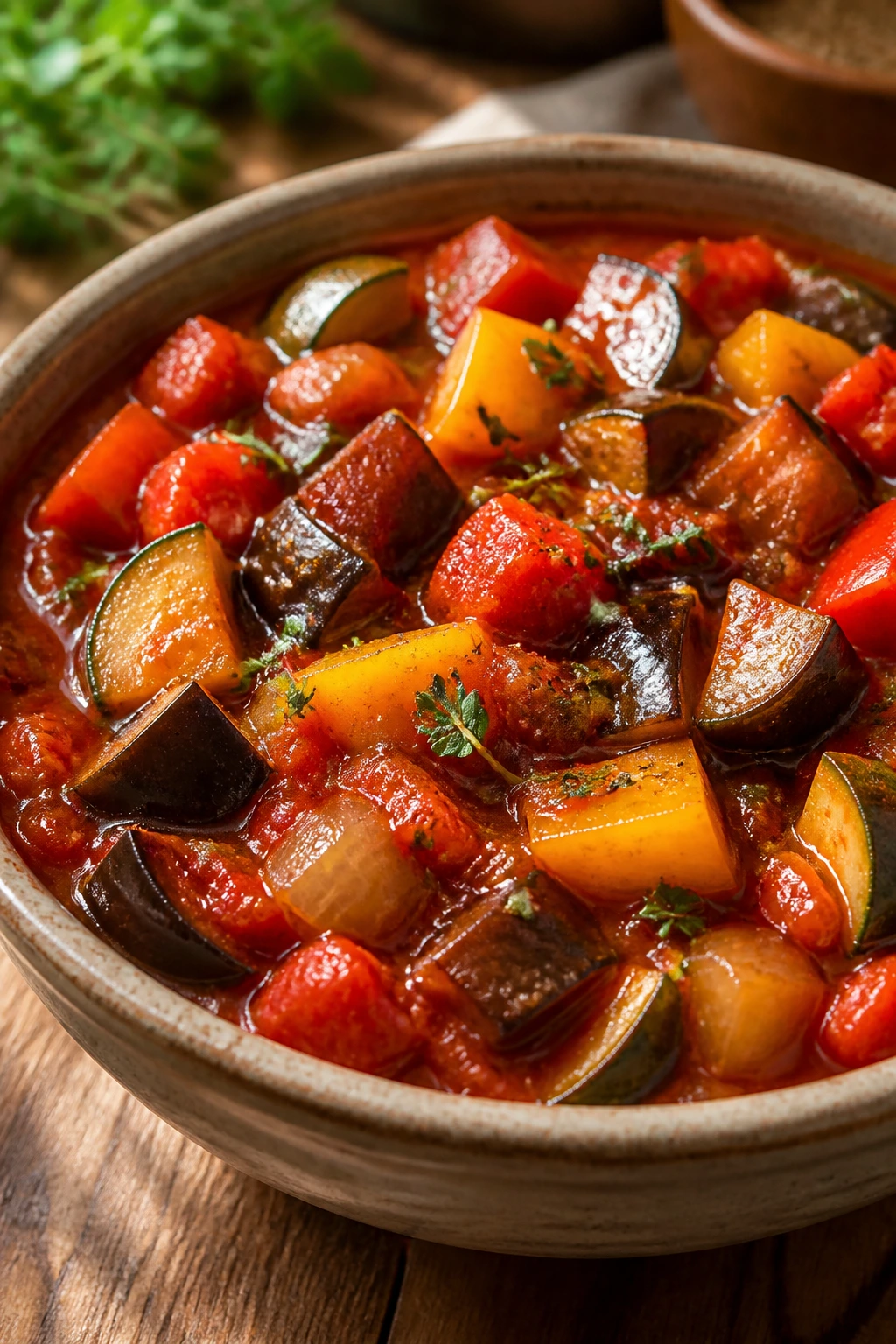 Close-up of ratatouille stew with eggplant and zucchini in a bowl