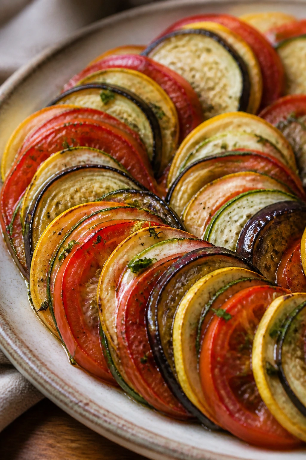 Assorted ratatouille vegetable rounds arranged on a plate