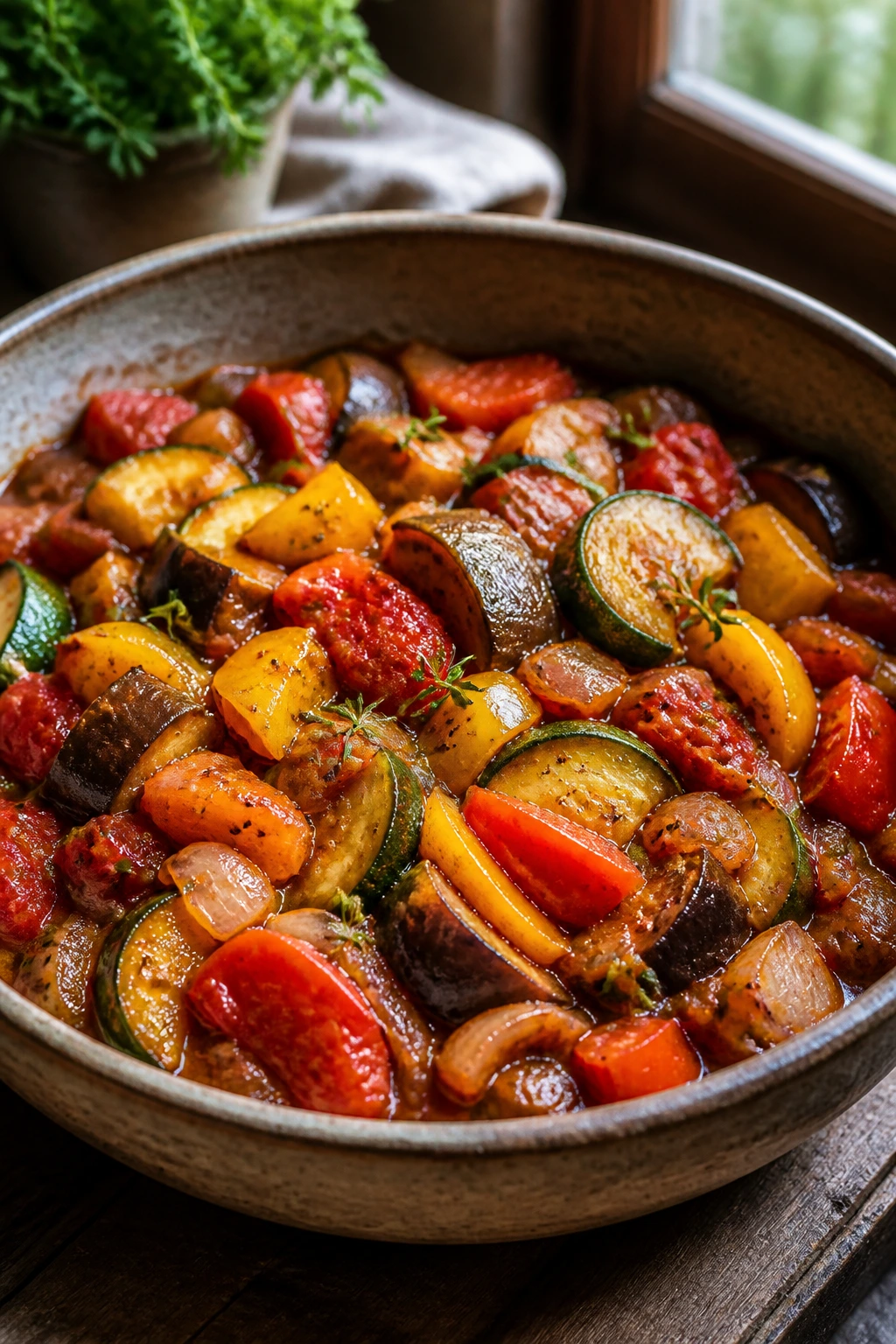 Colorful rustic ratatouille in a bowl on a wooden counter