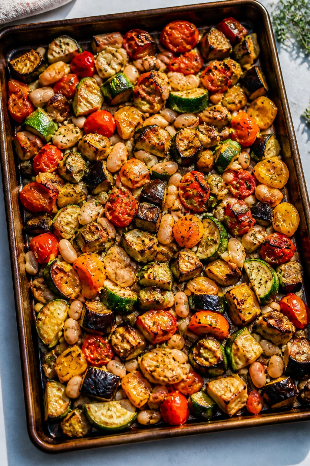 Sheet-pan ratatouille with white beans on a baking sheet.