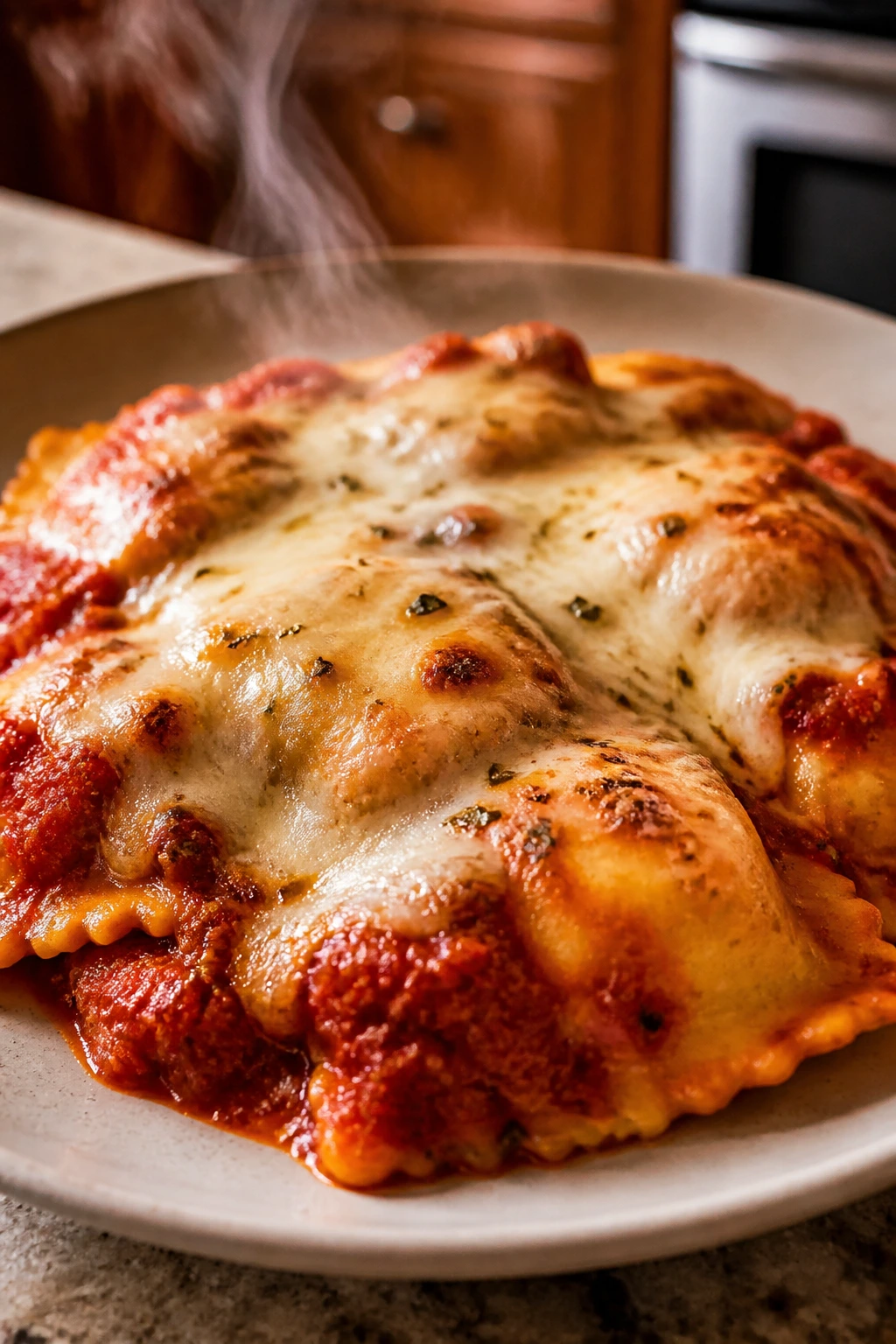 Close-up of baked ravioli with marinara sauce and melted mozzarella on a plate