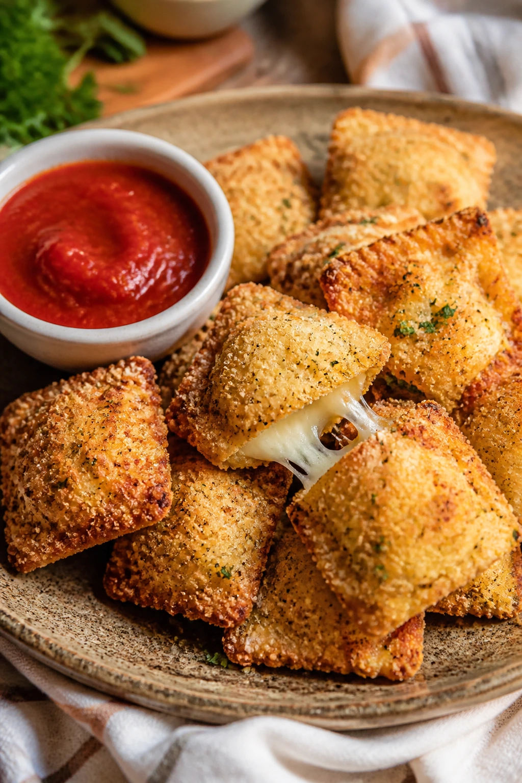 Close-up of crispy ravioli bites on a rustic plate with marinara in a cozy kitchen