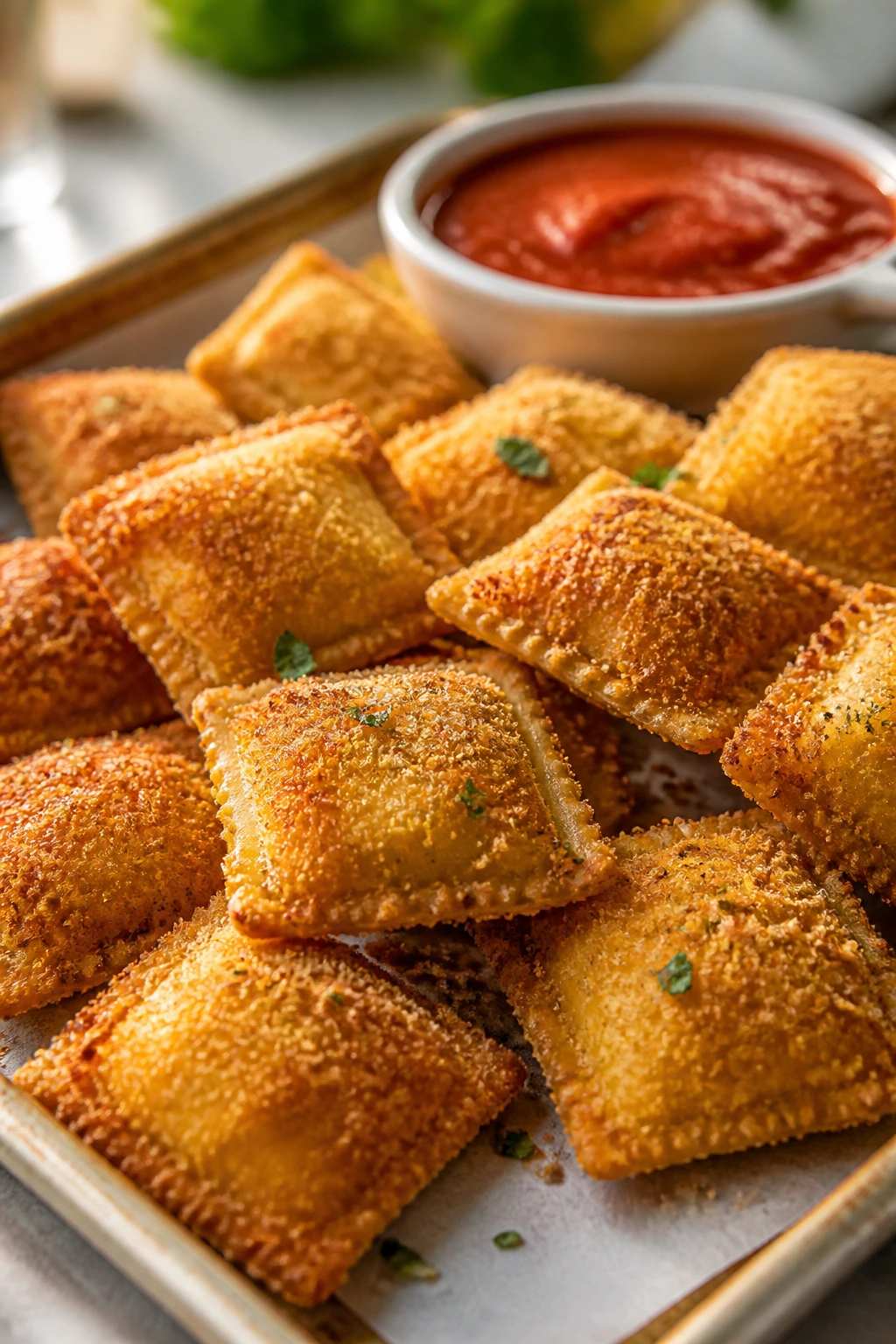 Close-up of baked ravioli bites with marinara seasoning
